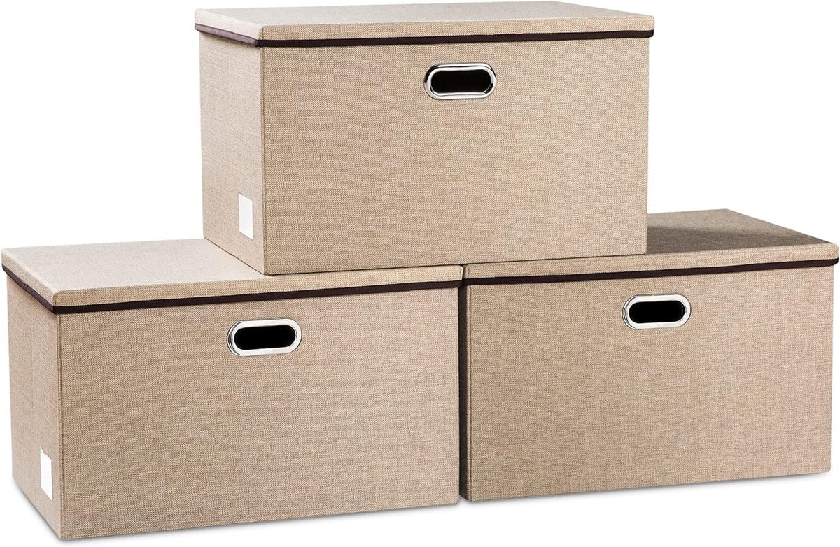 PRANDOM Extra Large Collapsible Storage Bins with Lids [3-Pack] Linen Fabric Foldable Storage Baskets Boxes Organizer Containers Cube with Cover for Bedroom Closet Office Nursery (22.8x15.75x13.8)