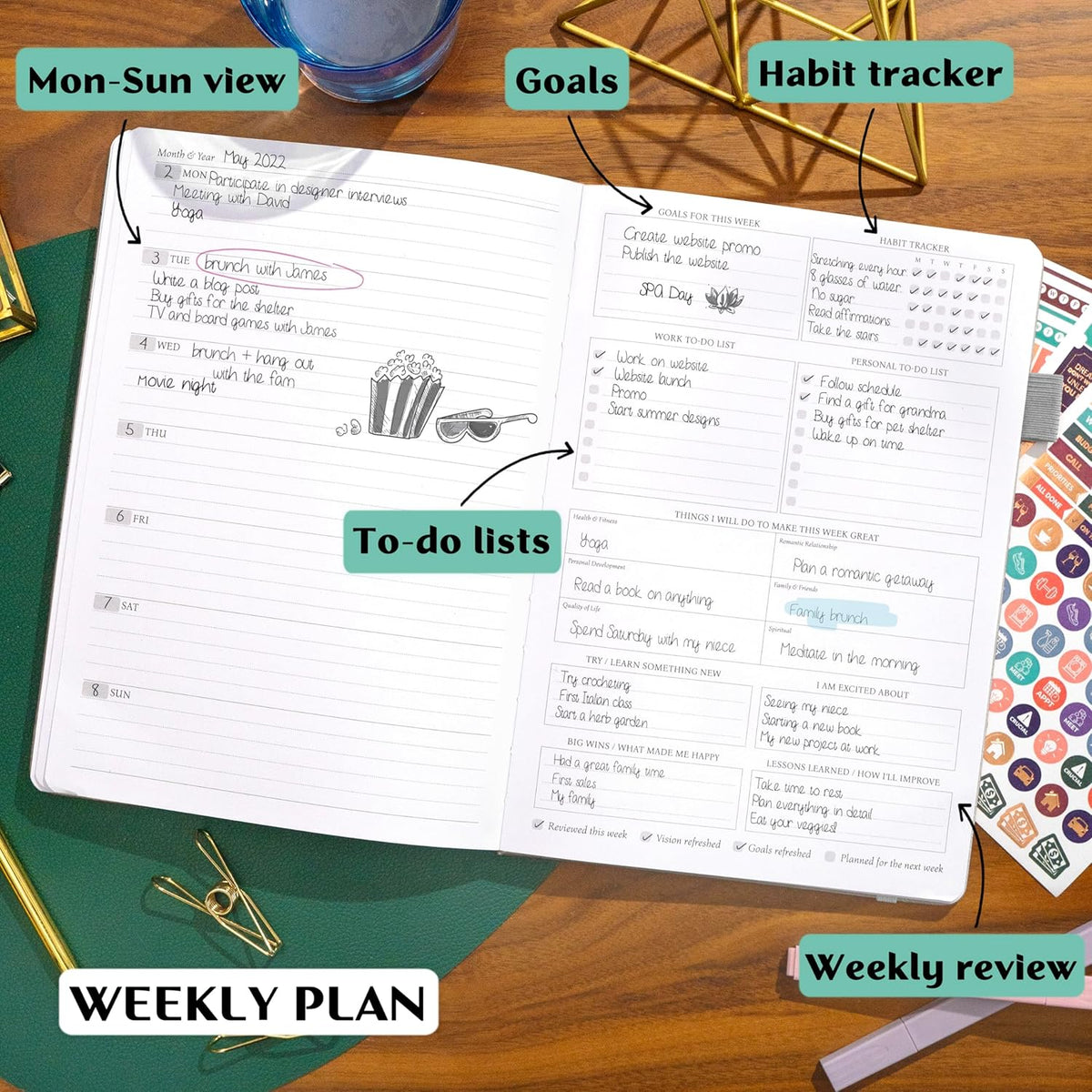 Legend Planner PRO – Deluxe Weekly & Monthly Life Planner to Increase Productivity and Hit Your Goals. Time Management Organizer Notebook – Undated – 7 x 10" Hardcover + Stickers – White