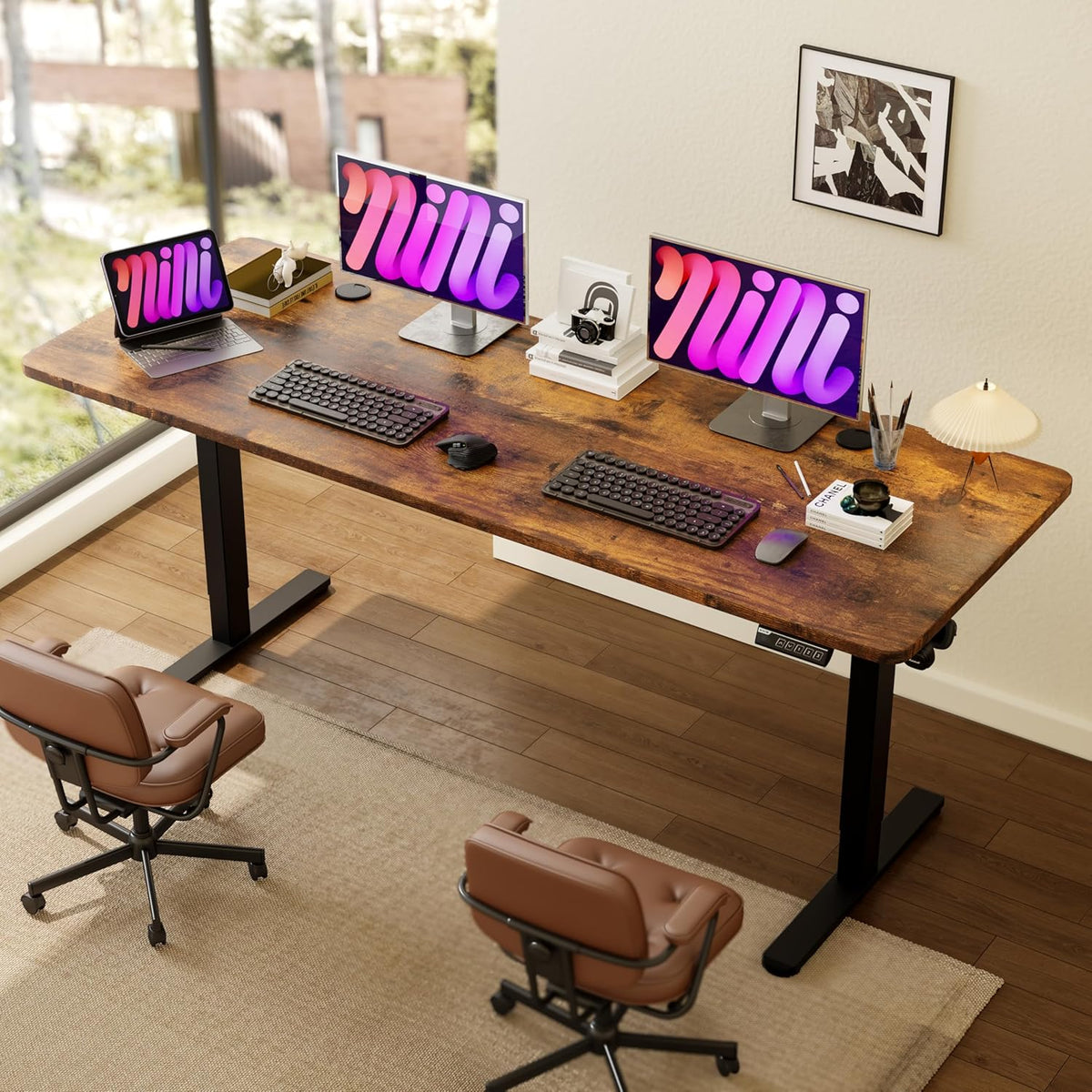 Monomi Electric Standing Desk, 79 x 31.5 inches Height Adjustable, Ergonomic Home Office Sit Stand Up Desk with Memory Preset Controller (Rustic Brown Top/Black Frame)