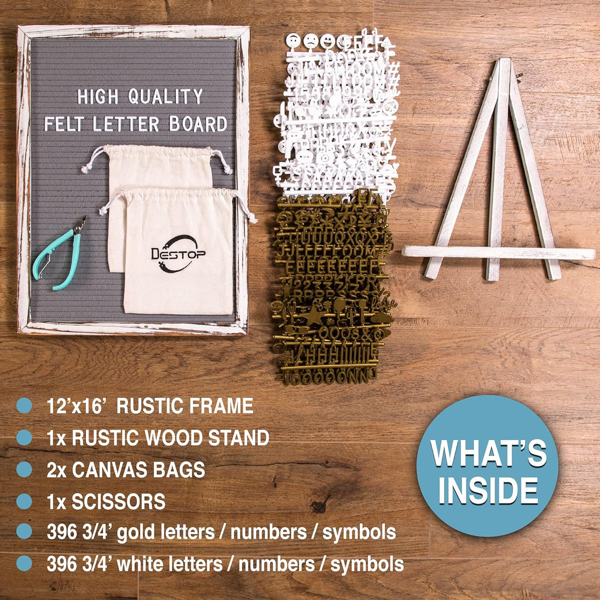 Felt Board With Rustic Vintage Frame and Stand 12x16 Inch, Grey Changeable Message Board Includes 792 Letters, Numbers and Symbols, Hook to Hang, 2 Canvas Bags