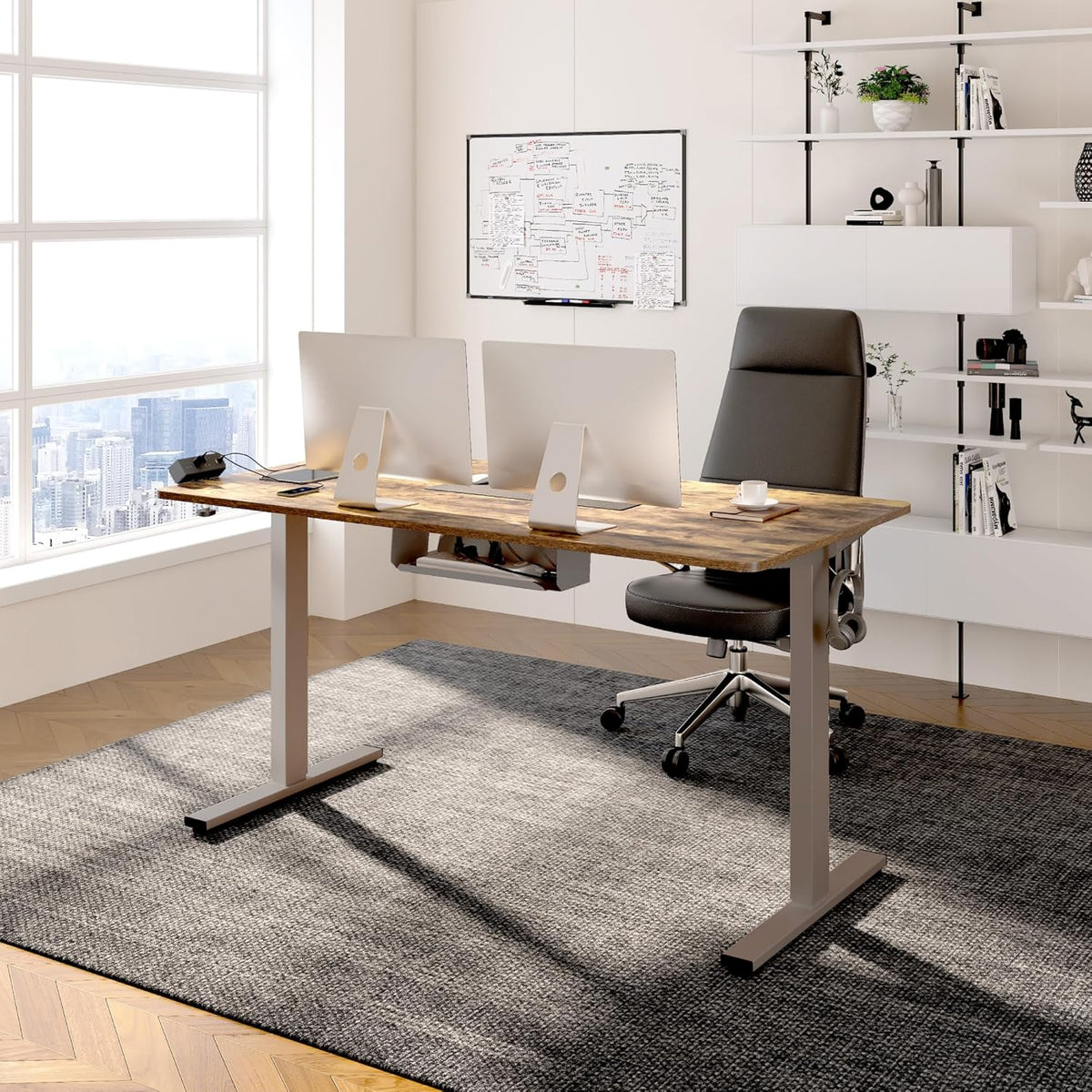 FLEXISPOT EN2 Whole-Piece Standing Desk with Clamp Power Strip, 55 x 28 Electric Stand Up Height Adjustable Desk with Cable Management (Gray Frame + 55" Rustic Brown Desktop, 2 Packages)