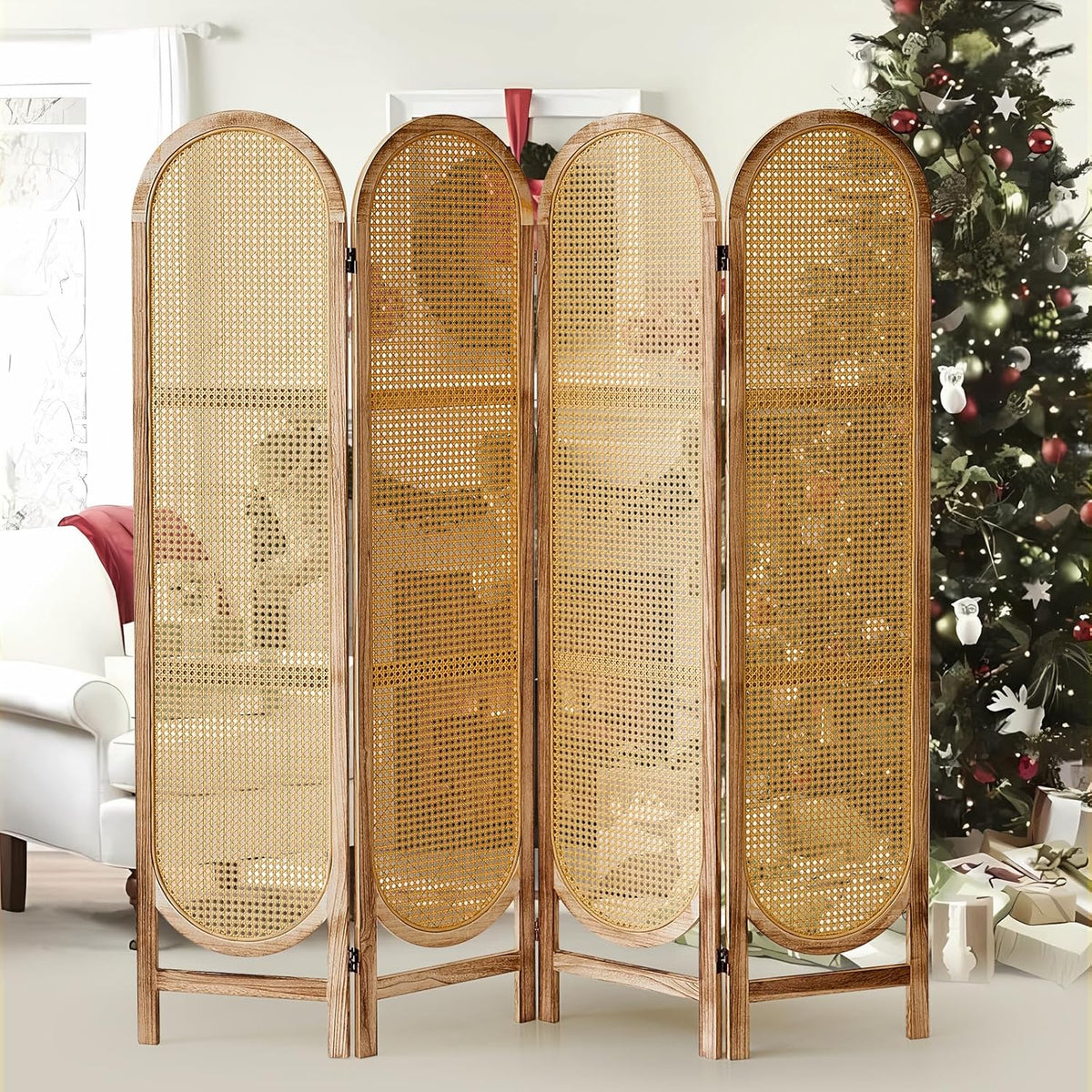 4 Panel Room Divider 5.6 Ft Hand-Woven Rattan Room Divider Screen, Foldable Wood Folding Privacy Screens with Double Hinges, Wall Divider for Room Separation Bedroom Home Office - Natural