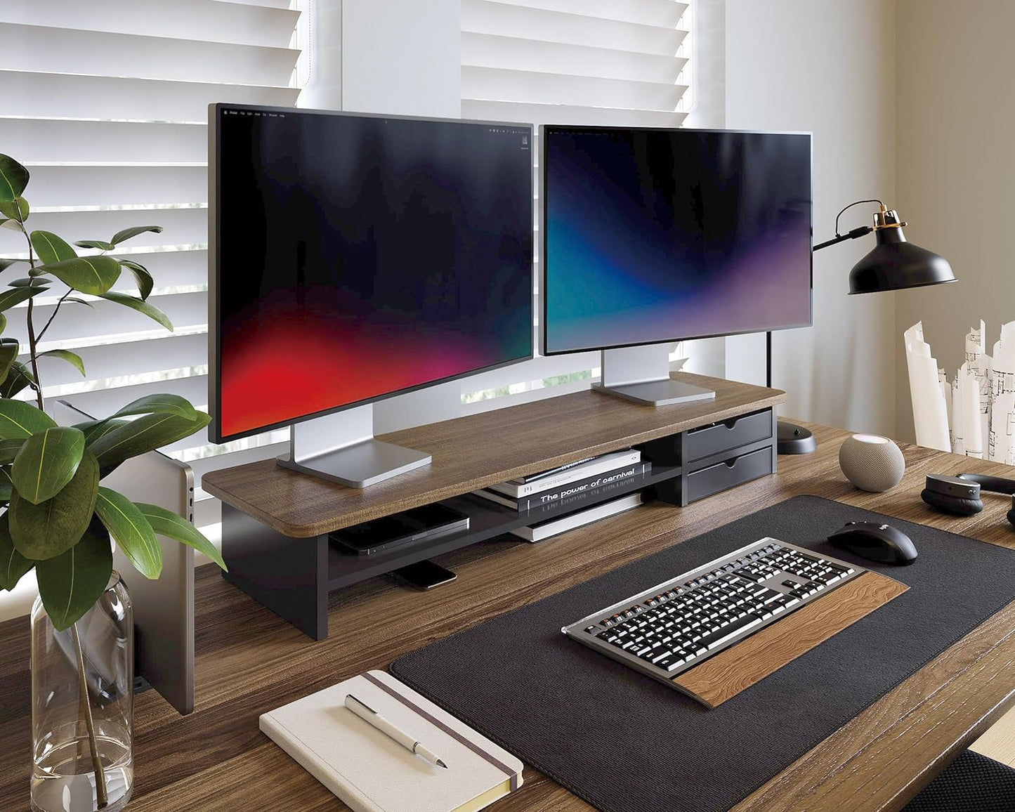 Fenge Monitor Stand, Dual Monitor Riser, 42.5inch Large Desk Computer Monitor Stand Riser with Drawer, 2 Tier Wood & Acrylic Desktop Organizer for Computer, Laptop, Printer, TV Screen Riser