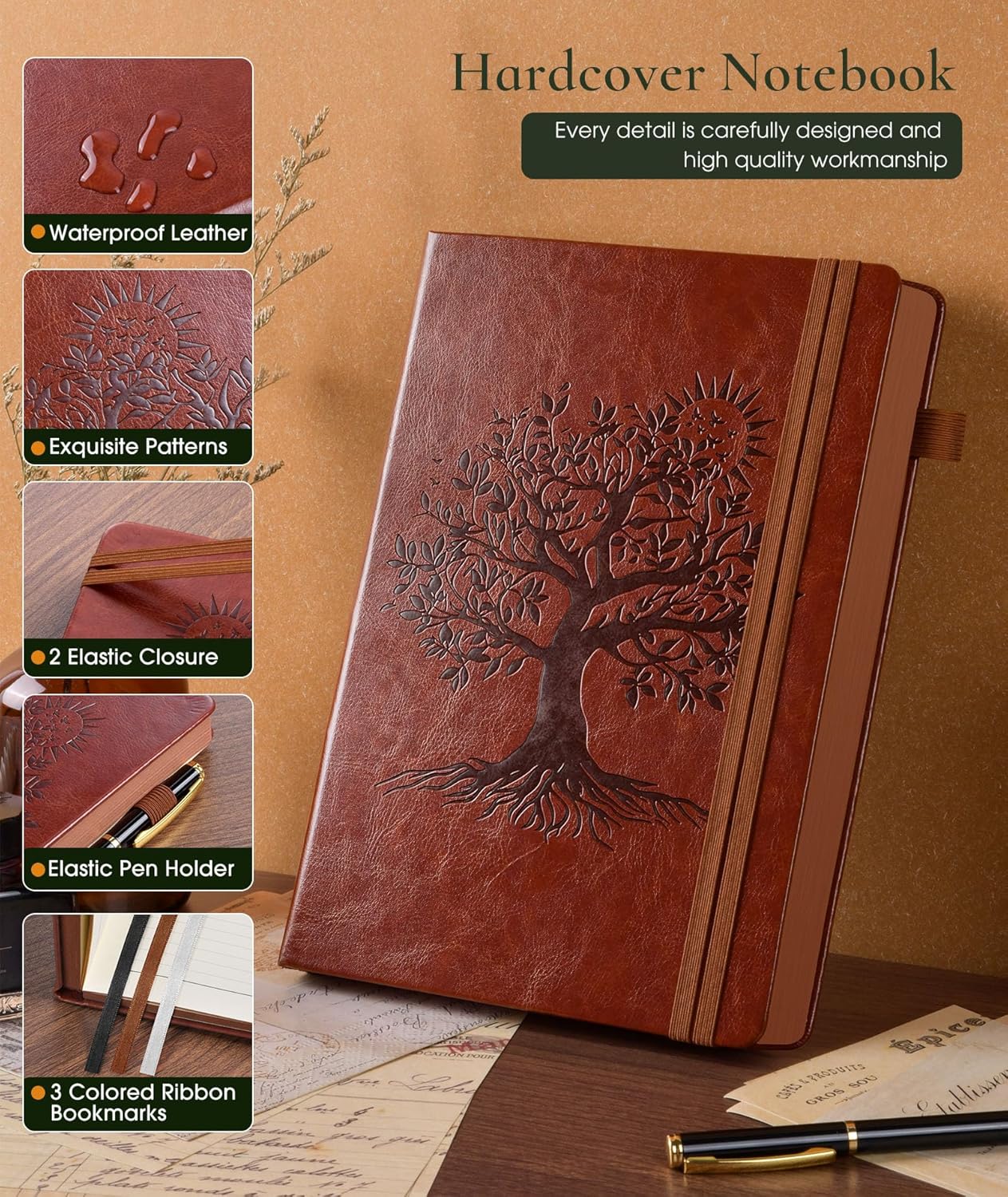 Vintage Leather Journal with 300 Numbered Pages,B5 Lined Journal for Men Women,Daily Journals for Writing,College Ruled Notebook for Work,School,Note taking,Travel Diary,Large (7" x 10")