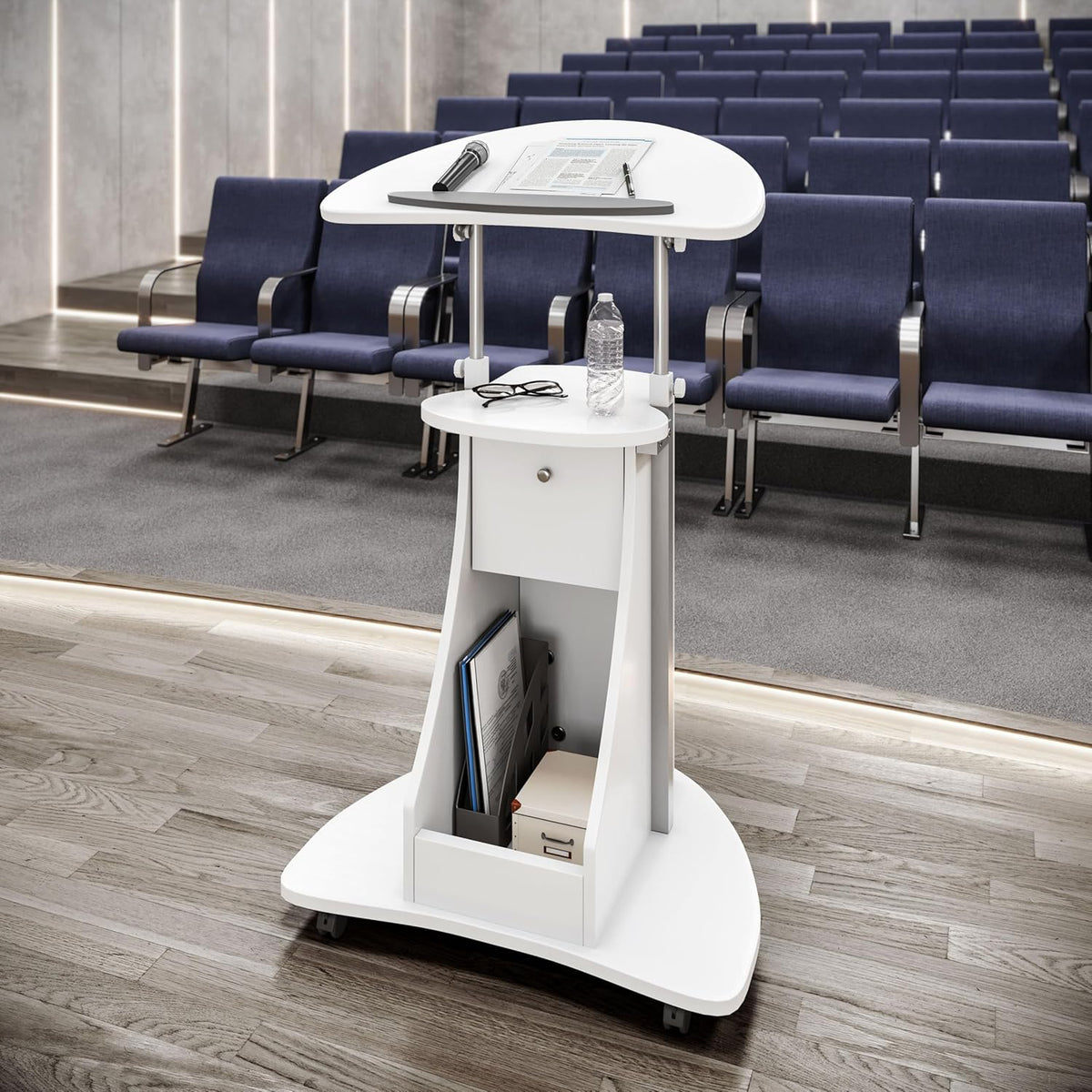 Techni Mobili Adjustable Height Rolling Laptop Cart with Storage, Sit to Stand Desk with Wheels, Podium Stand or Medical Cart, White