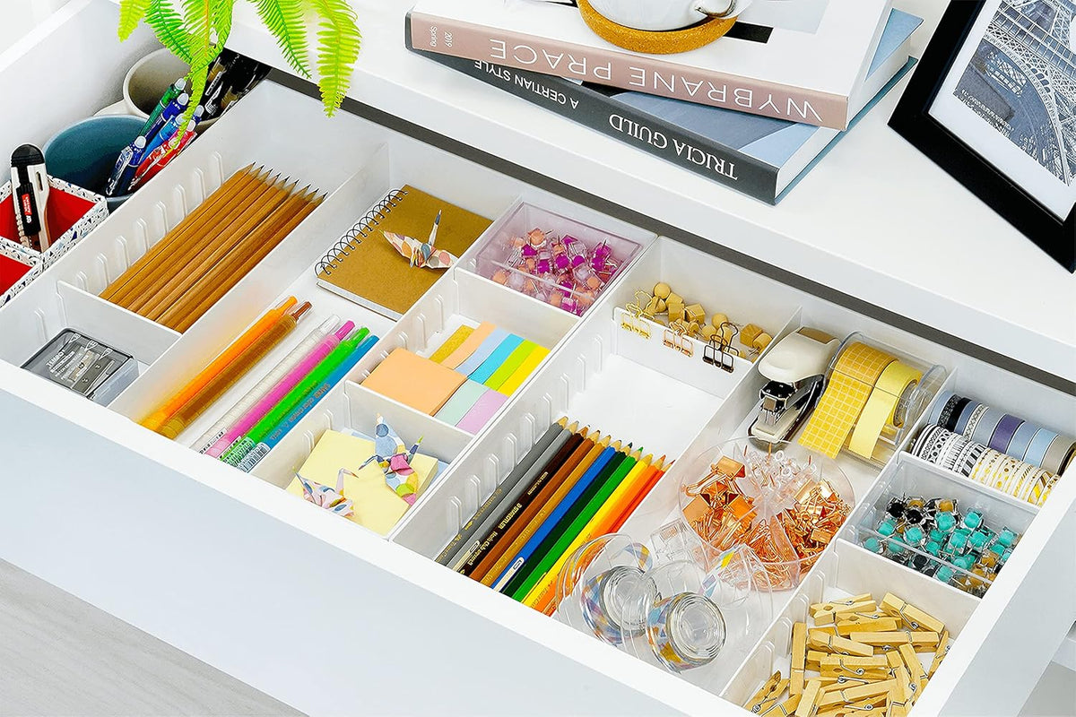 CAXXA 3 Slot Drawer Organizer with 4 Adjustable Dividers - Junk Drawer Storage for Makeup & Vanity, Office Desk Supplies and Accessories (WHITE, 1 PACK)