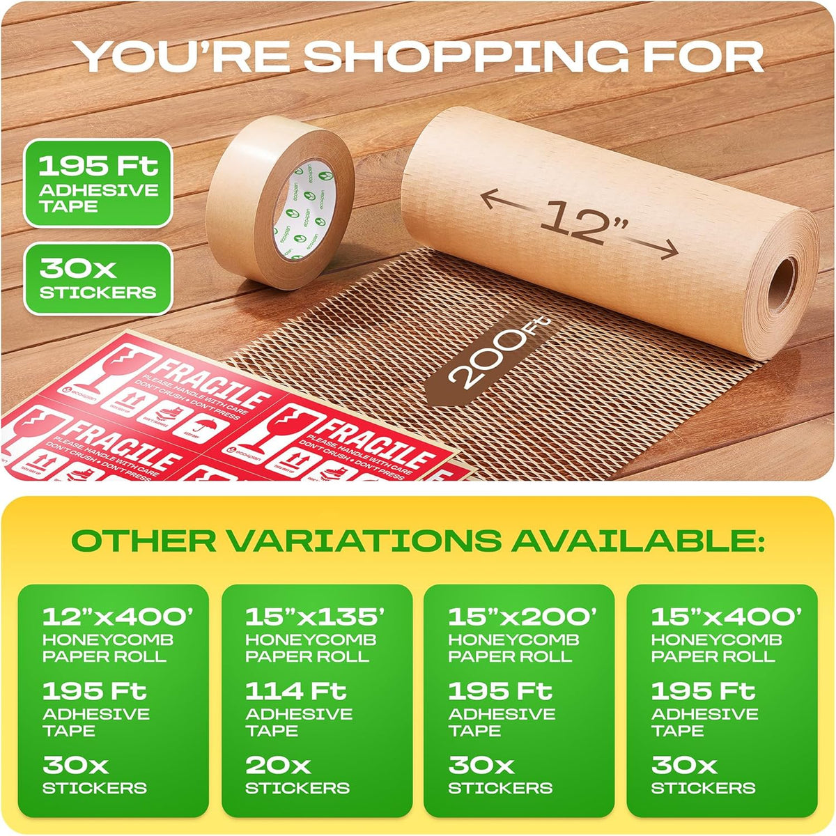 Honeycomb Packing Paper | Extra Thick 90 GSM Packing Wrap | Biodegradable Packing Materials: 12” x 200’ Moving Paper + 195’ Cellulose Adhesive Tape + 30 Fragile Stickers | Paper Bubble Wrap