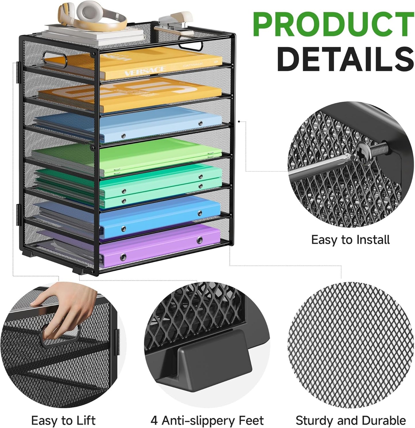 8 Tier Paper Organizer with Handle, Metal Mesh Desk File Organizer, Large Capacity Desk Organizers Paper Letter Tray Desktop Document Sorter for Office, Home or School - Black