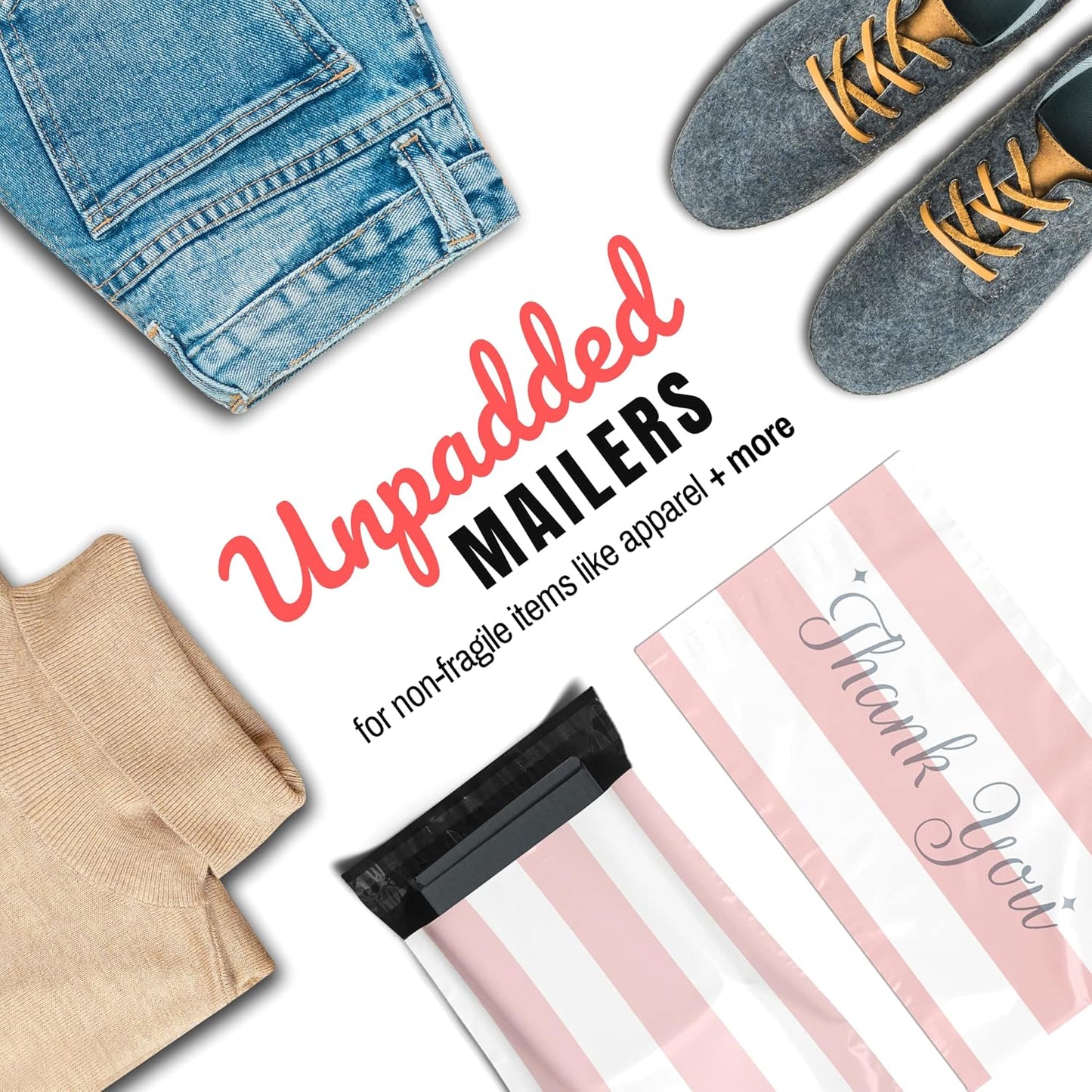 Poly Mailers 12.5x15 50 Pack | Self-Sealing Shipping Bags Envelopes for Small Business | Waterproof Durable Packaging | Thank You | Pink Stripes | à la mode Mailers