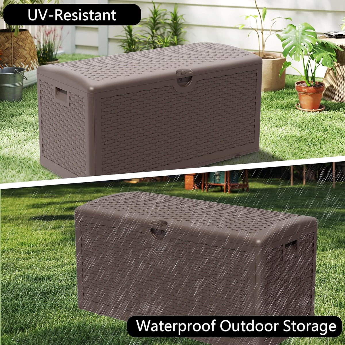 80 Gallon Pro Resin Deck Box, Waterproof Outdoor Storage Bin for Patio, Poolside, and Garden, Lockable & UV-Resistant,Brown