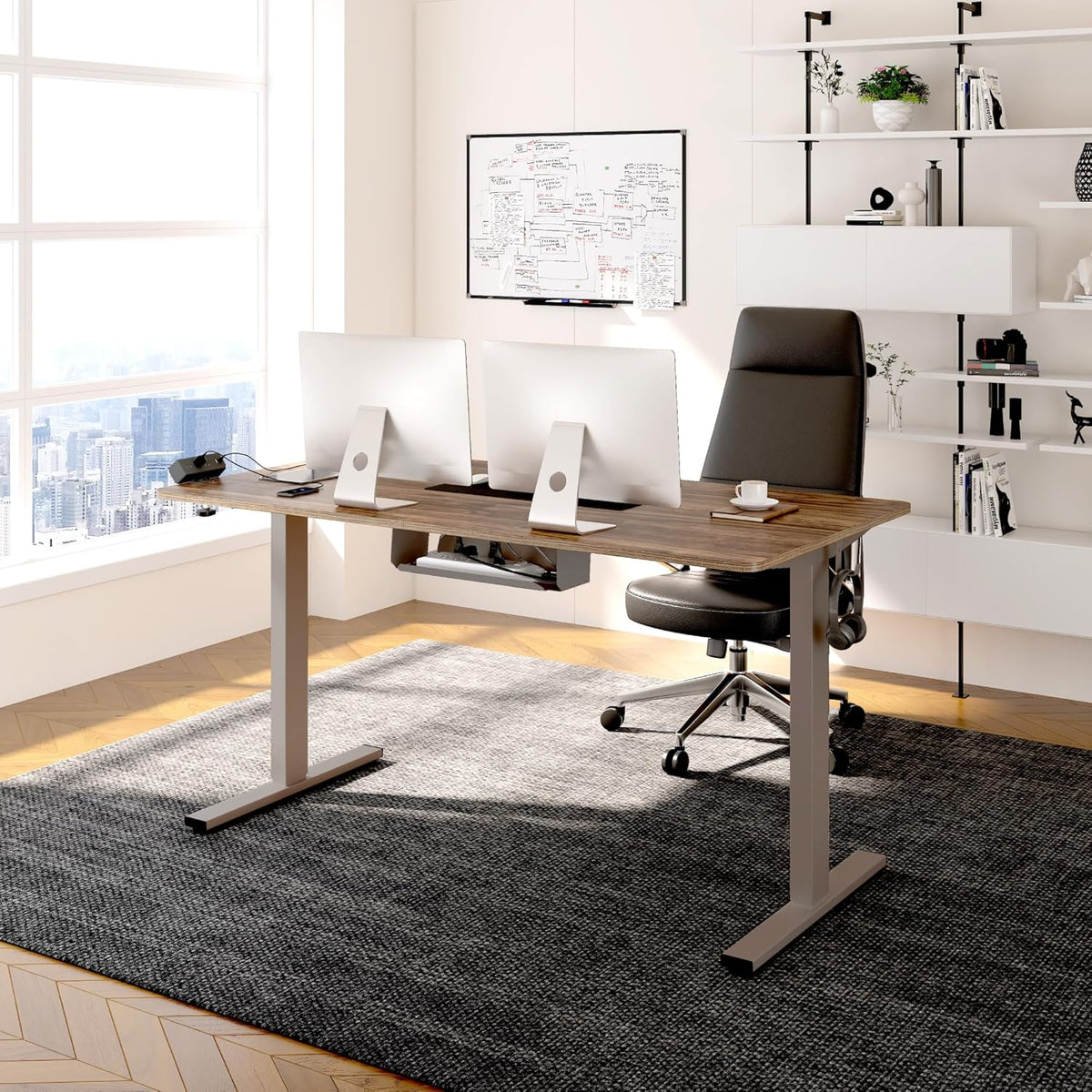 FLEXISPOT EN2 Whole-Piece Standing Desk with Clamp Power Strip, 48 x 30 Electric Stand Up Height Adjustable Desk with Cable Management (Gray Frame + 48" Black Walnut Desktop, 2 Packages)