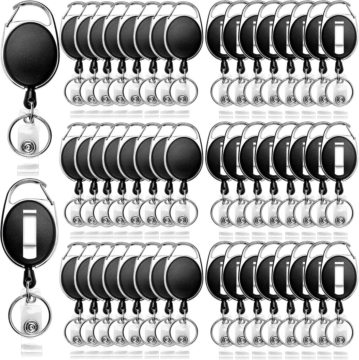 50 Pack Heavy-Duty Retractable Badge Holders with Carabiner Clip and Key Ring, Black ID Badge Reel for Office, ID Card Holder and Key Chain