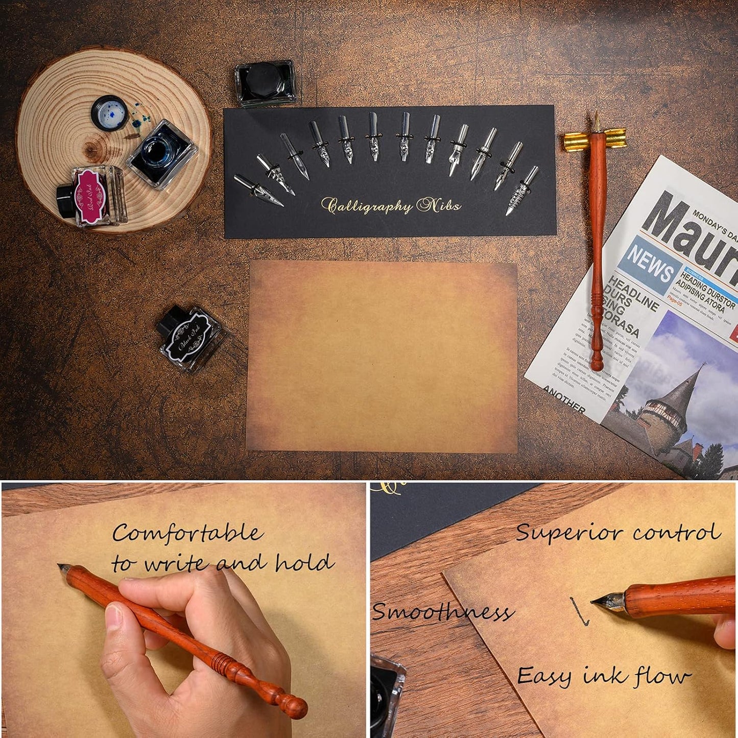 Calligraphy Pen Set，Include Vintage Fountain Pure Wooden Dip Pen for Beginners Writing, 4 Colors Bottles of Ink, 12 Replaceable Nibs, Antique Brass Pen Holder