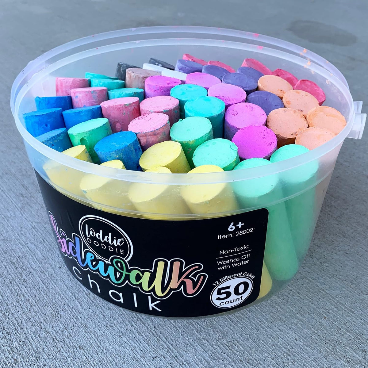 Loddie Doddie Sidewalk Chalk for Kids - 50 Count, 12 Multicolor Jumbo Sticks - Non-Toxic & Washable Bulk Chalk Pack in Reusable Bucket - Easy Grip for Vibrant Outdoor Kids Activities
