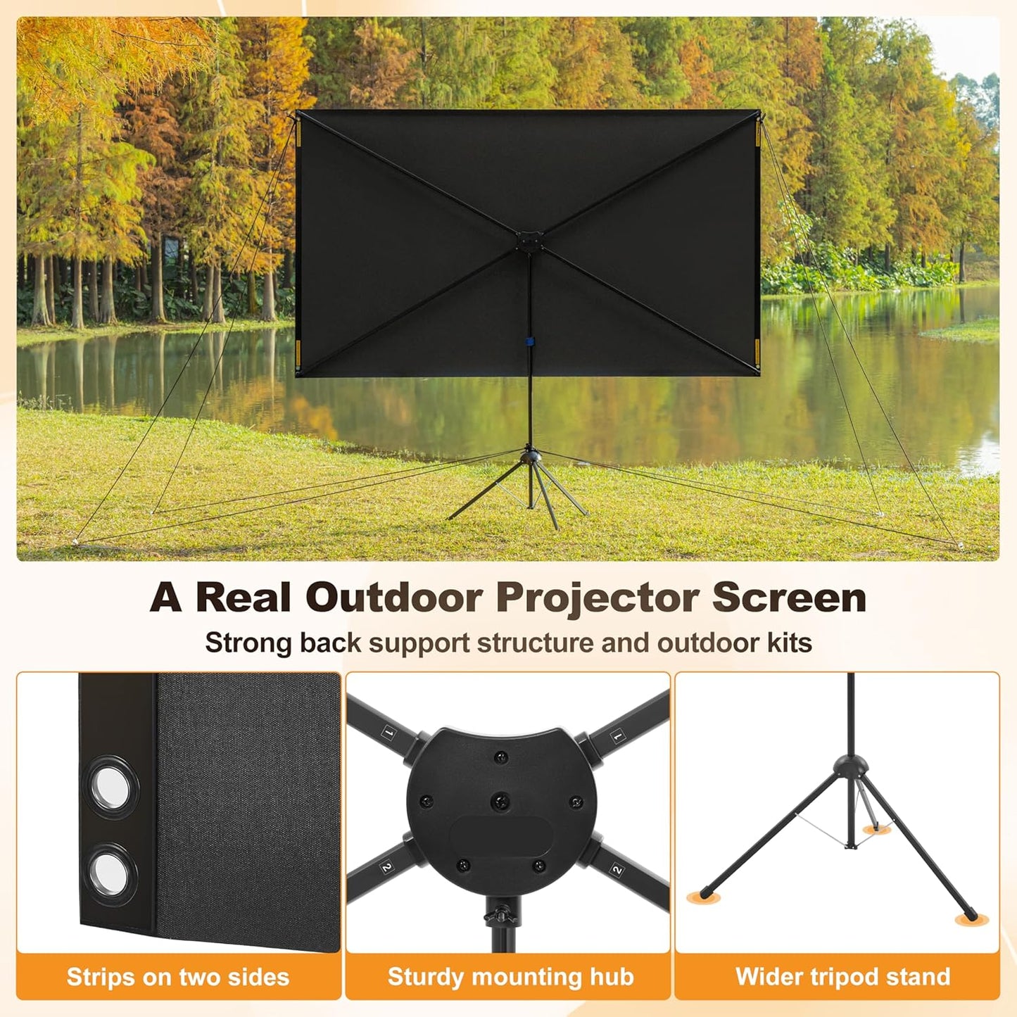 Outdoor Projector Screen 120 Inch, 16:9, High Gain, Projector Screen with Stand, Wind-resistant Design for Portable Projection Screen Outdoor, With Ropes and Spikes, 4K Image for Home Theater, Camping