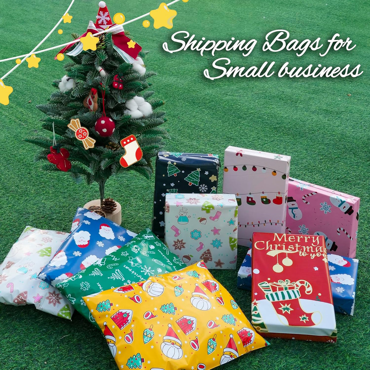 Christmas Poly Mailer - 6x9 Inch, 100 Pcs Waterproof Tear-Resistant Mailer Bags with Self-Seal - Green Merry Christmas