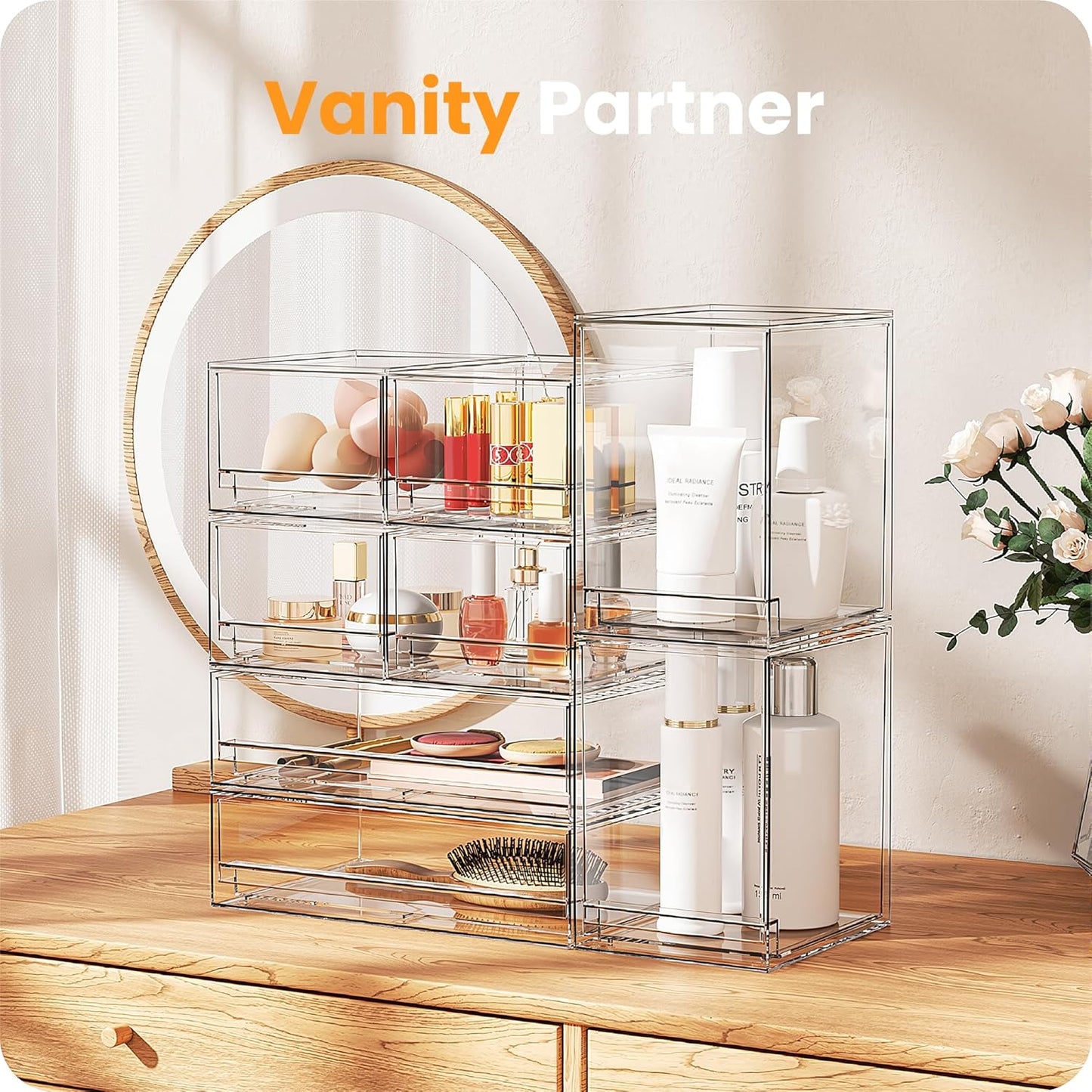 A-LuGei 【𝟮𝗣𝗖𝗦】 Acrylic Stackable Storage Drawers, 8.7" H Makeup Organizer, Bathroom Organizer and Storage, Plastic Storage Bins for Kitchen Cabinet Pantry Medicine Fridge