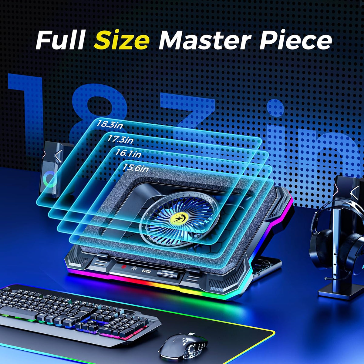 AICHESON Gaming Laptop Cooling Pad with Powerful Cooler Fans, RGB Lighting and Phone Holder for 15-19 inch Laptops and PC Computers