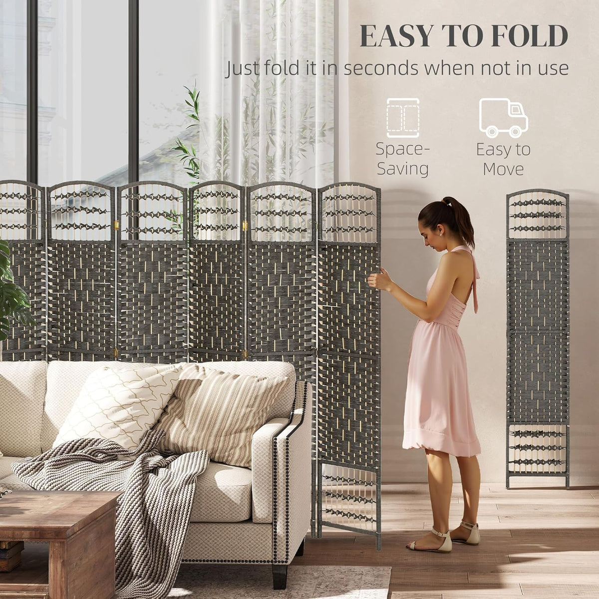 HOMCOM 6 Panel Room Divider, Folding Privacy Screen, 5.6' Room Separator, Wave Fiber Freestanding Partition Wall Divider, Dark Gray