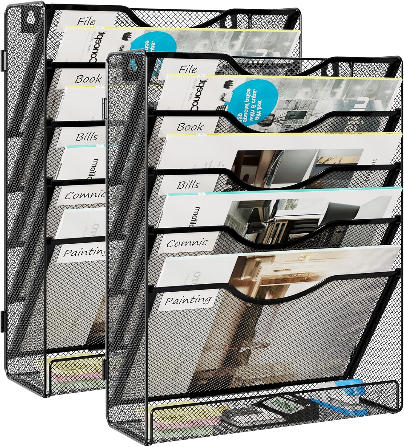 EasyPAG 5-Tier Wall File Holder, Mesh Hanging Folder Organizer with Classify Label, Versatile Desk File Organizer for Office Home, Vertical Wall Mounted Mail Paper Sorter, Easy Assembly, 2 Pack Black