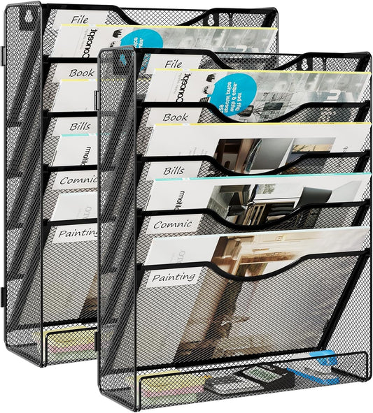 EasyPAG 5-Tier Wall File Holder, Mesh Hanging Folder Organizer with Classify Label, Versatile Desk File Organizer for Office Home, Vertical Wall Mounted Mail Paper Sorter, Easy Assembly, 2 Pack Black