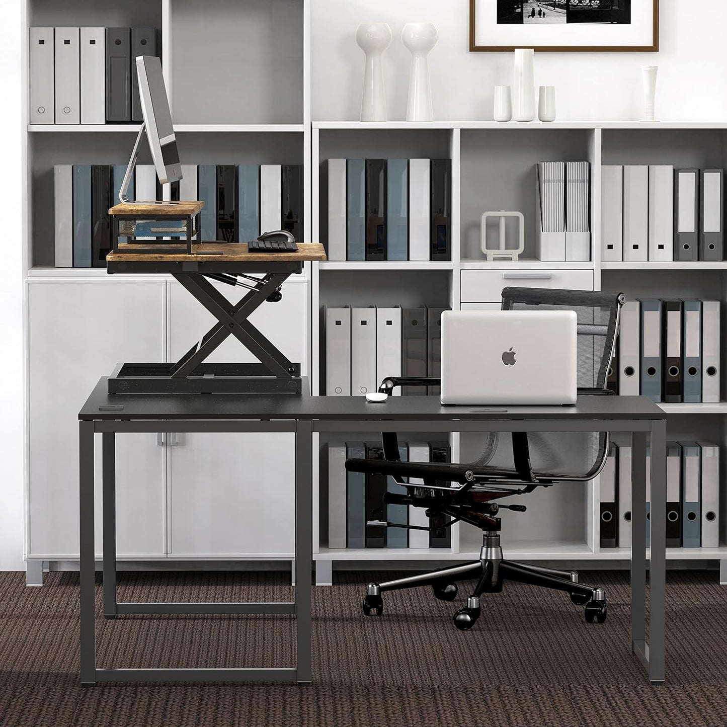 SHW 36-Inch Height Adjustable Standing Desk Converter Sit to Stand Riser Workstation, Rustic Brown