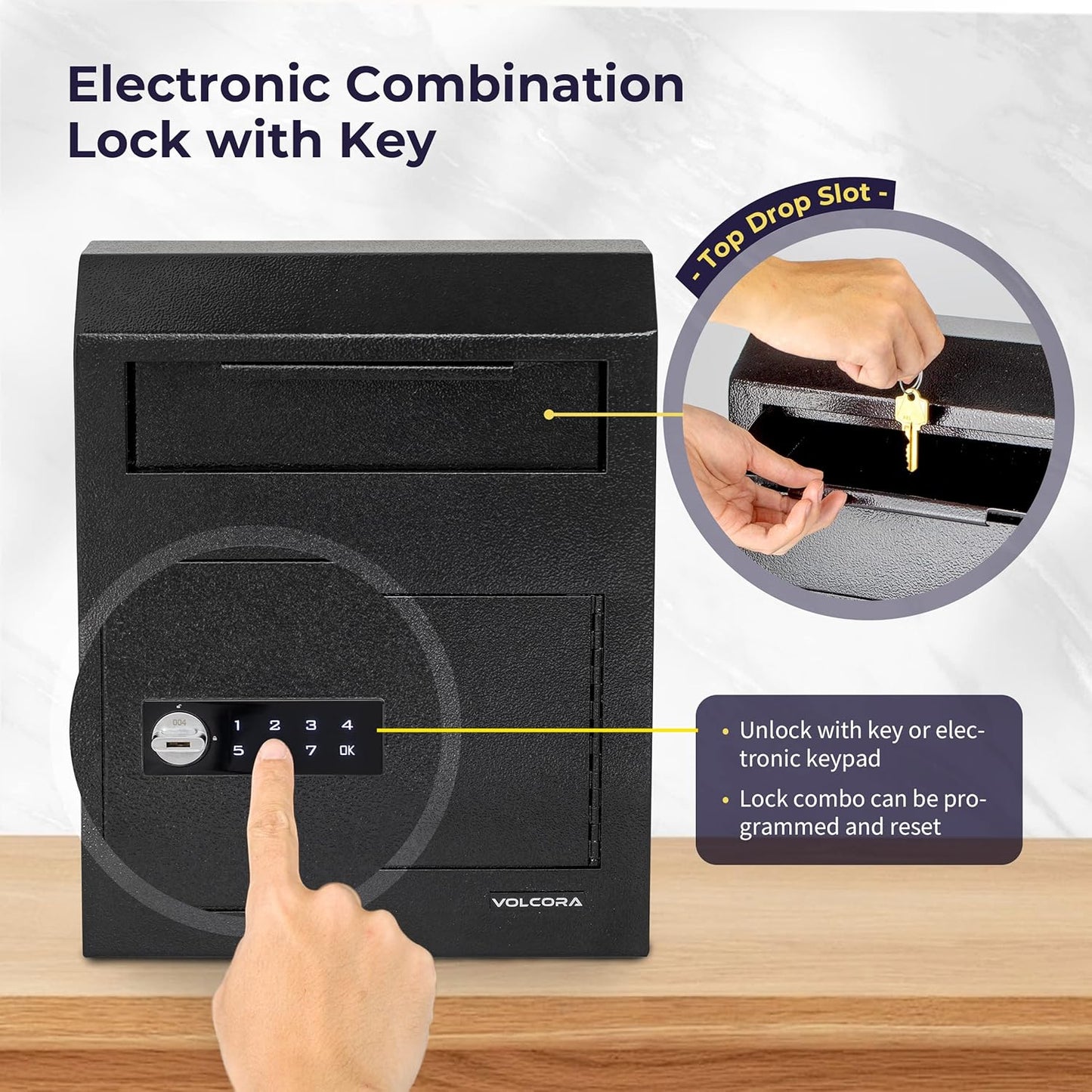 Volcora Key Drop Box with Lock, Drop Slot Depository Safe Box Digital Keypad, Money Drop Safe for Business, Wall Mount Mailbox, Cash Drop Box, Electronic Programmable Lock with Key Indoor Use