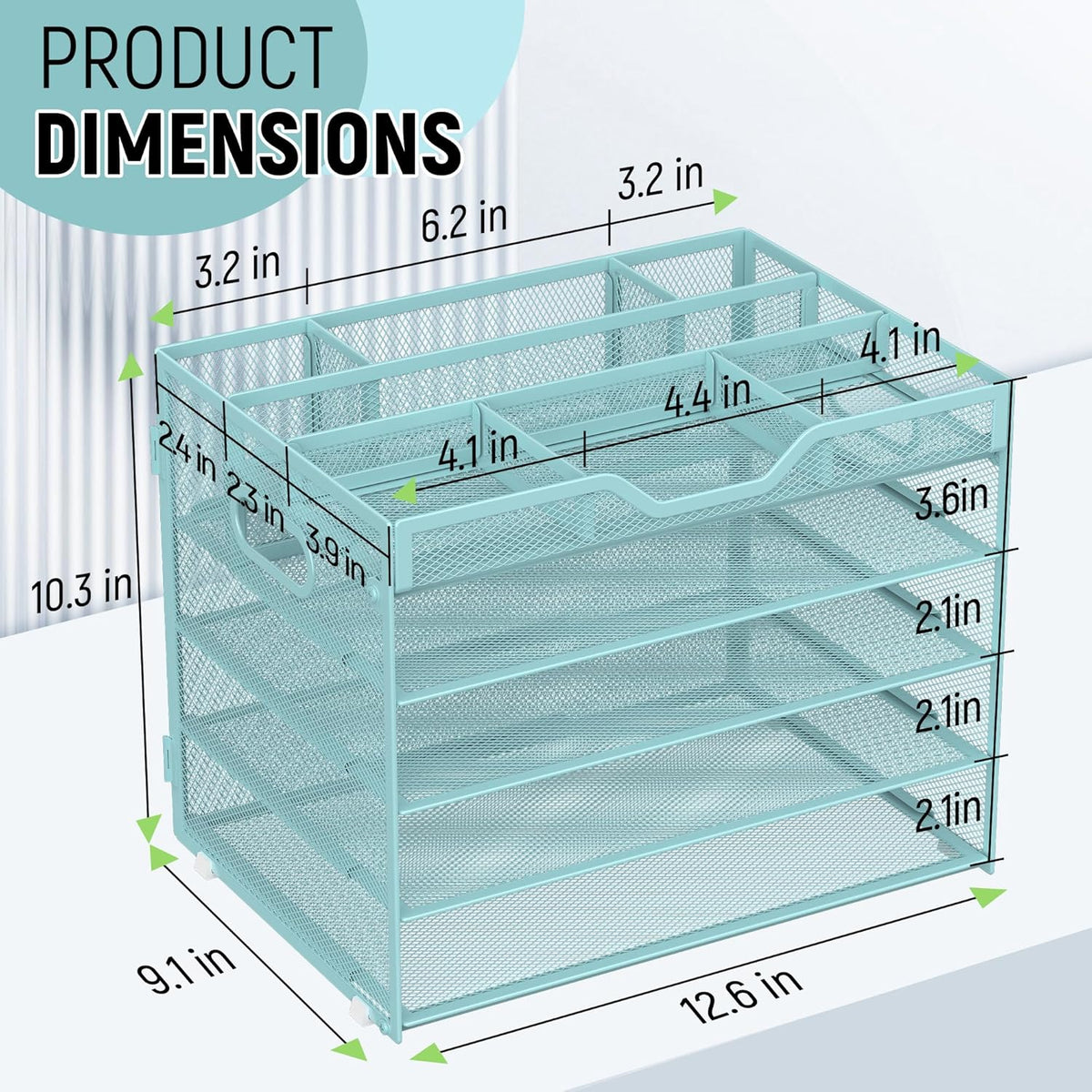 Docnest 5 Tier Mesh Desk Organizer- Letter Tray with Adjustable Compartments, Mesh Desktop Storage Built in Pen Holder and Handles, Desk Organizer Tray for Mail Documents Office Supplies-Blue