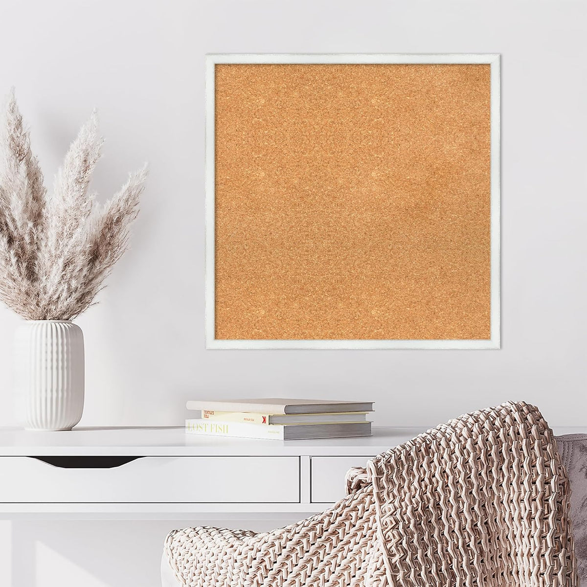 Amanti Art Natural Cork Board for Wall, 25x25 Vision Board with White Frame, Medium Corkboard Office Decor for Home Organization, Country Rustic Corkboard Pinboard to Display Items for Home