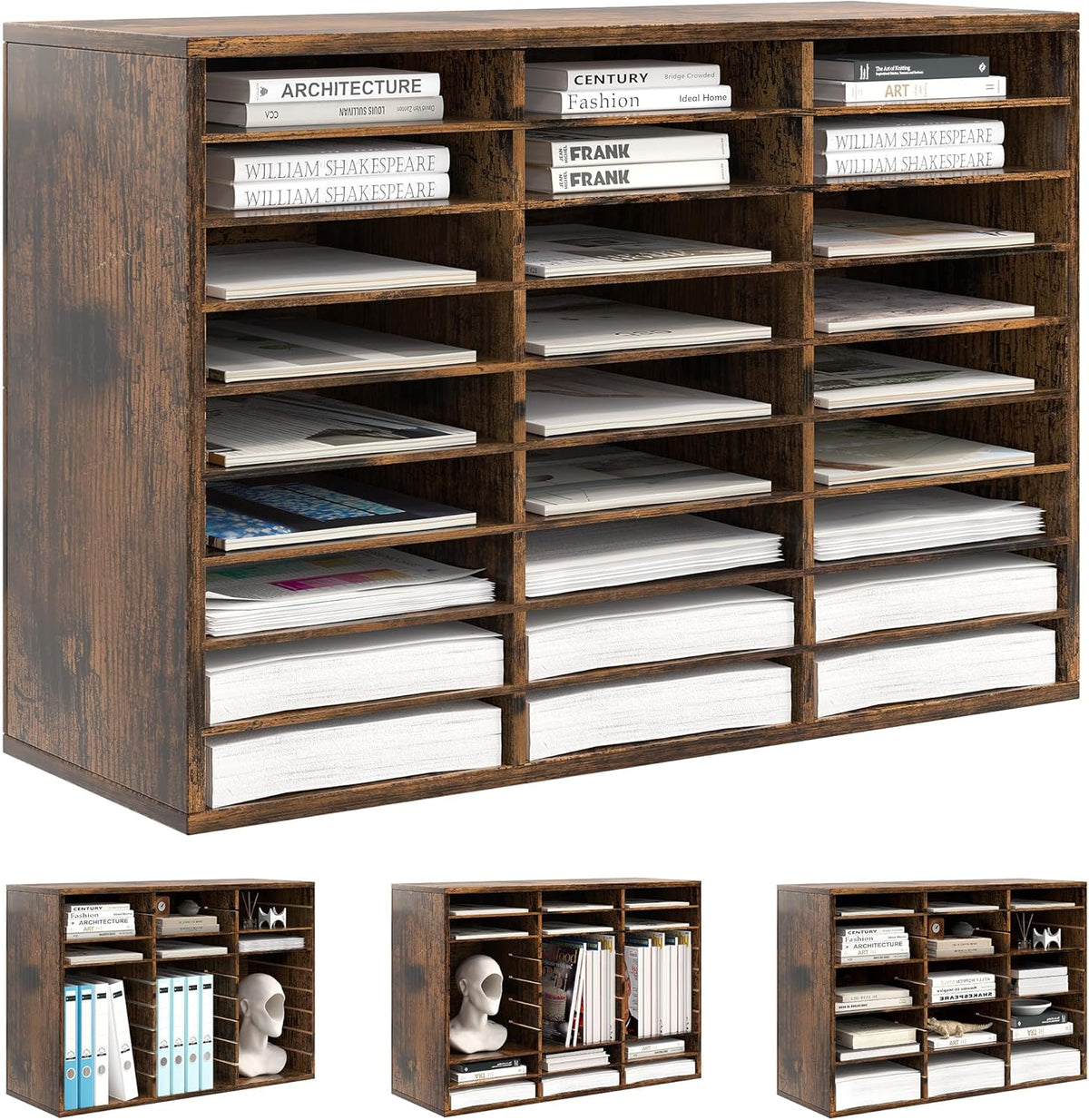 Mail Organizer Countertop, 27 Slots Wooden Desk File Literature Sorter, Adjustable Paper Storage Shelves Document Holder, Space Saving Desktop Mailbox for Office Classroom, Rustic Brown