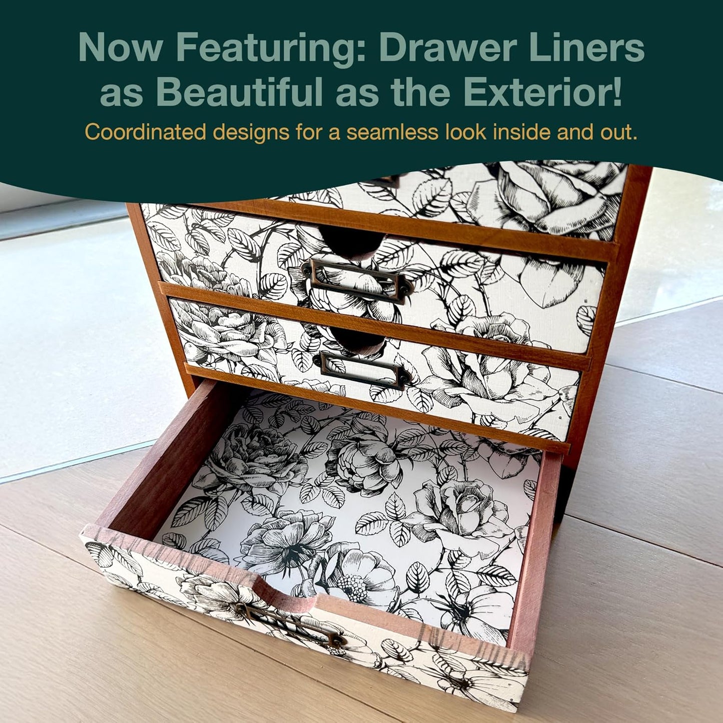 Vintage Desk Organizer with 4 Black & White Floral Drawers - Wooden Storage Shelf Drawer for Tabletop - Wood Desktop Organizing Box Cabinet - Black & White Monochrome Botanical Toile de Jouy