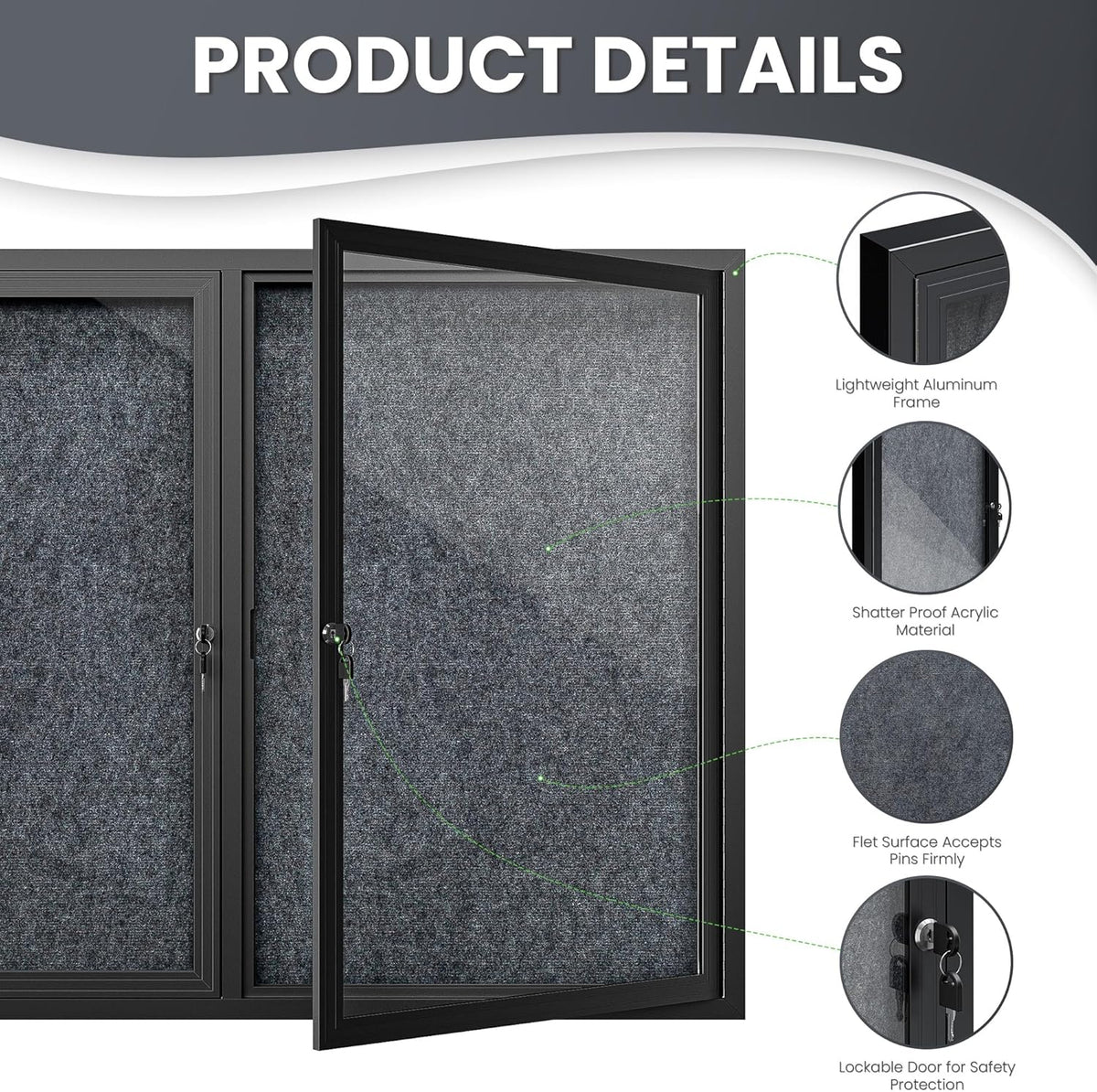 48"x36" Lockable Enclosed Bulletin Board, Outdoor Flet Weather-Resistant Aluminum Frame Notice Board, Wall Mounted Display Case Acrylic Doors for School,Office,Black Frame w/Grey Flet