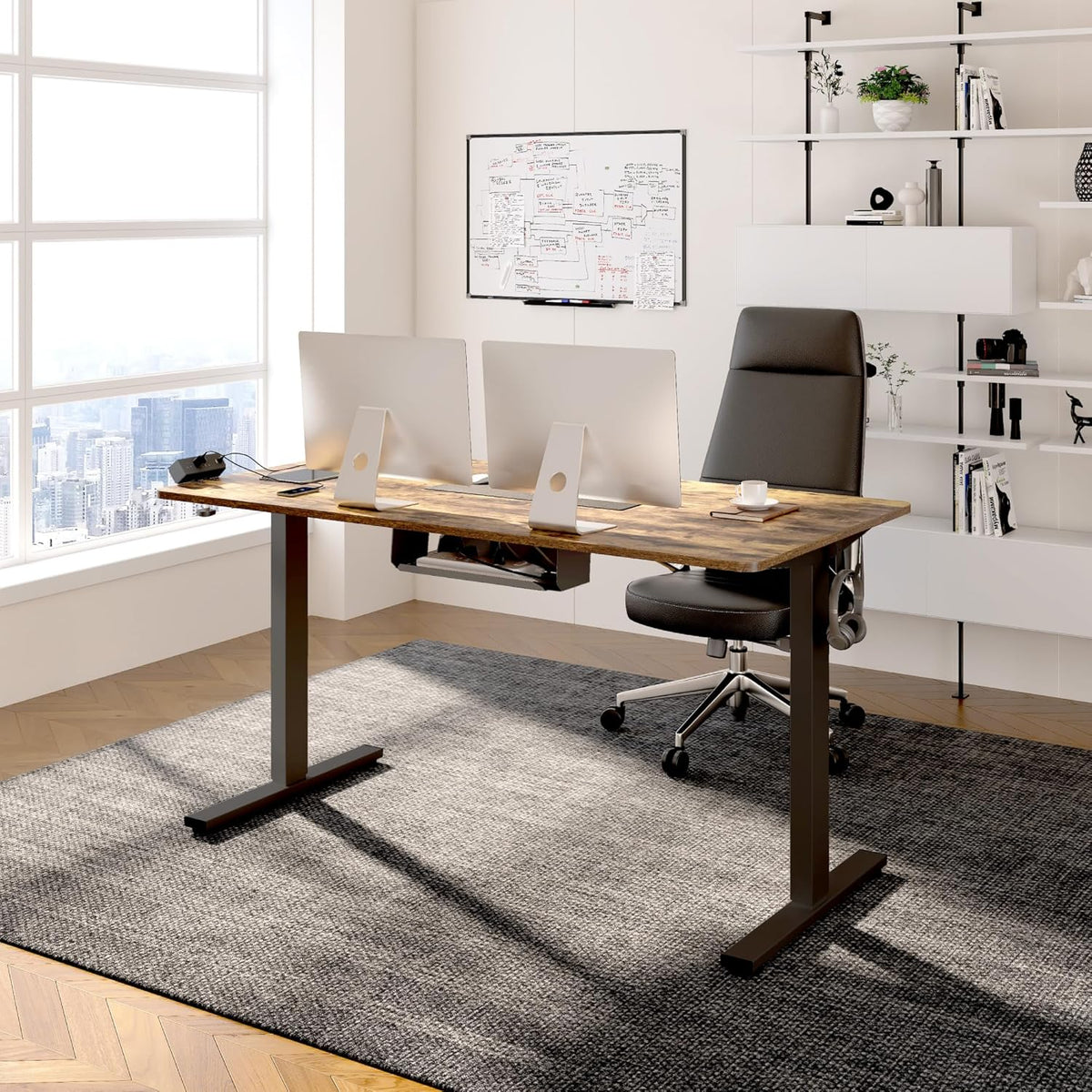 FLEXISPOT EN2 Whole-Piece Standing Desk with Clamp Power Strip, 55 x 28 Electric Stand Up Height Adjustable Desk with Cable Management (White Frame + 55" Rustic Brown Desktop, 2 Packages)
