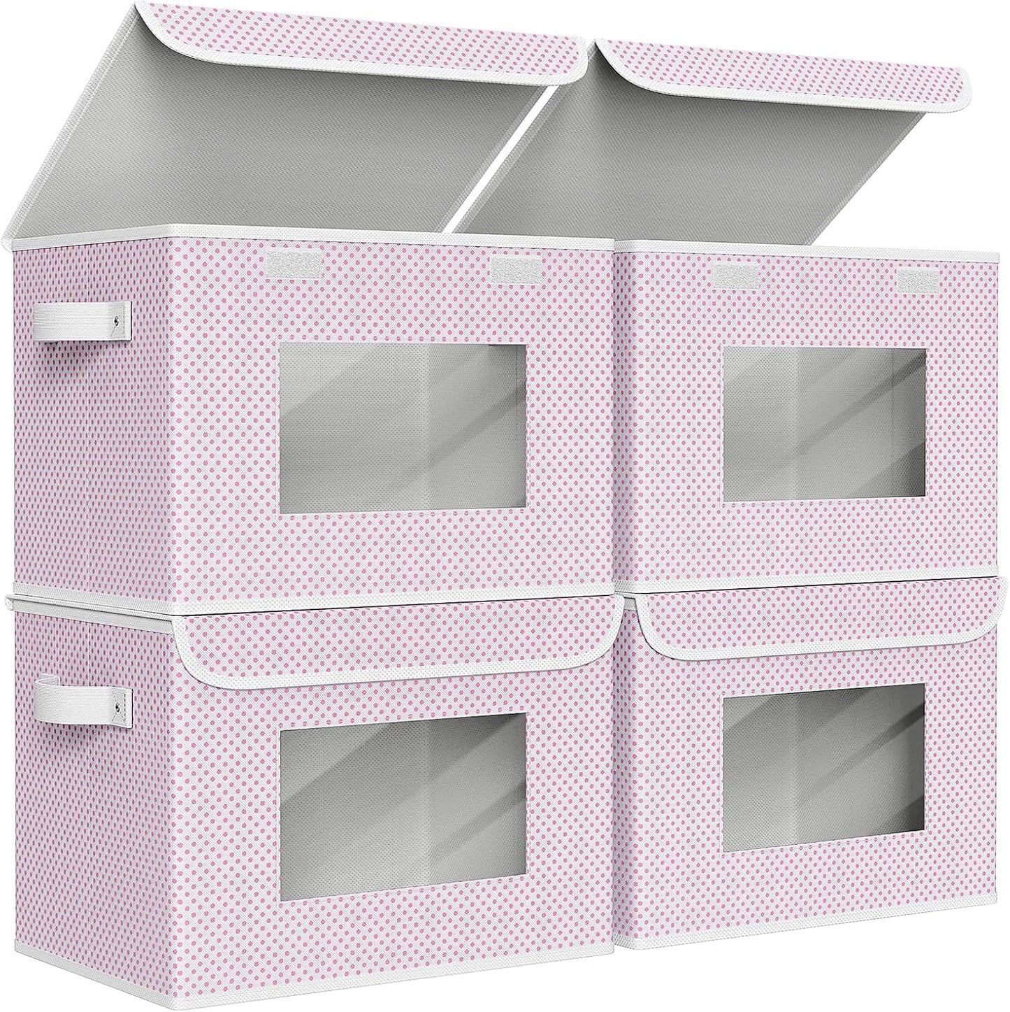 Univivi Fabric Foldable Storage Boxes [4-Pack] Large Collapsible Stackable Storage Bins with Lids, Closet Organizers and Storage Cube Basket for Home, Office, Bedroom (Pink, 17”x 12” x 12”)