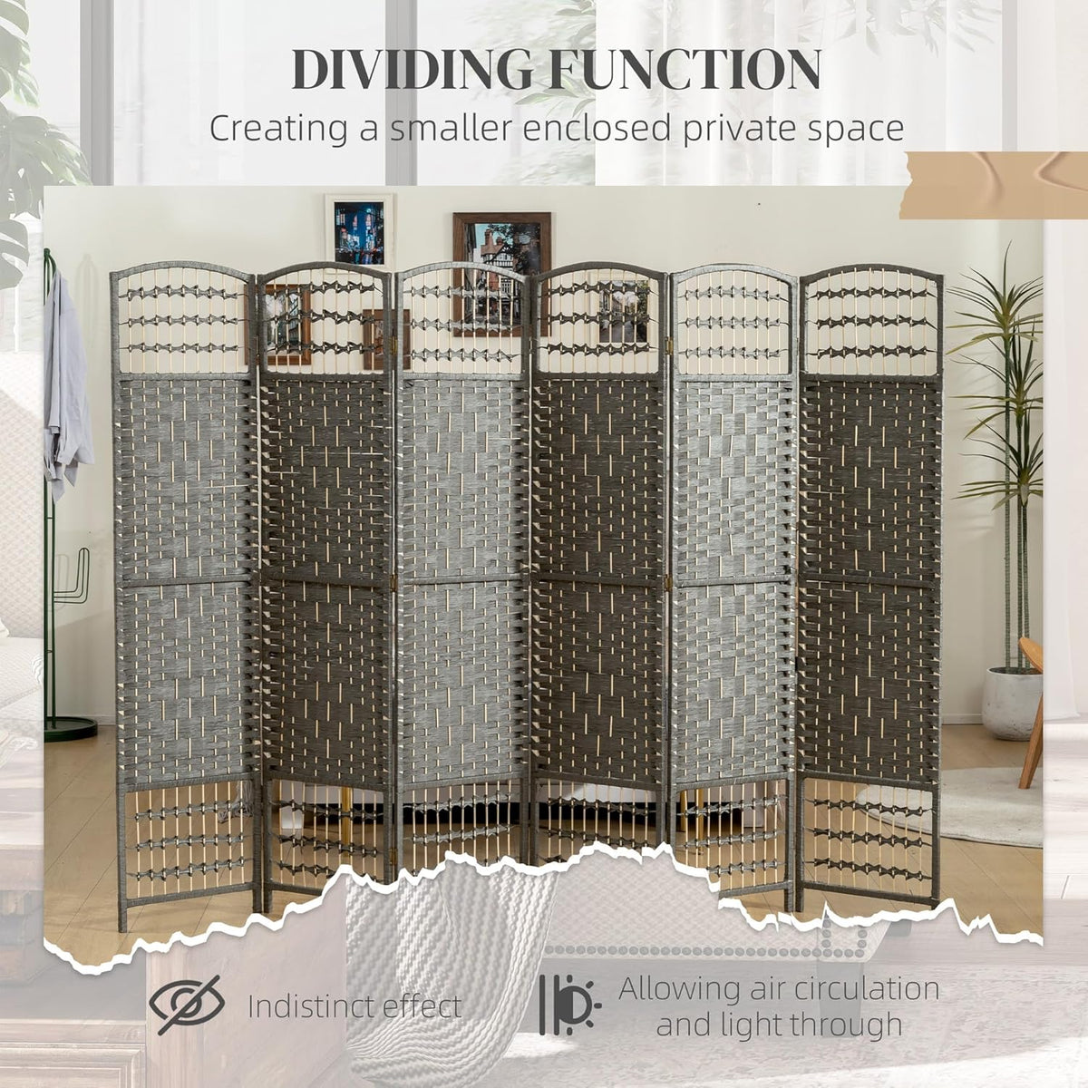 HOMCOM 6 Panel Room Divider, Folding Privacy Screen, 5.6' Room Separator, Wave Fiber Freestanding Partition Wall Divider, Dark Gray