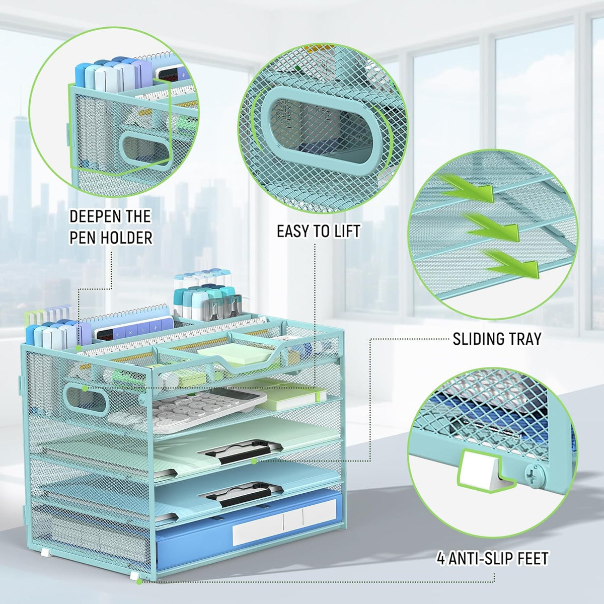 Docnest 5 Tier Mesh Desk Organizer- Letter Tray with Adjustable Compartments, Mesh Desktop Storage Built in Pen Holder and Handles, Desk Organizer Tray for Mail Documents Office Supplies-Blue