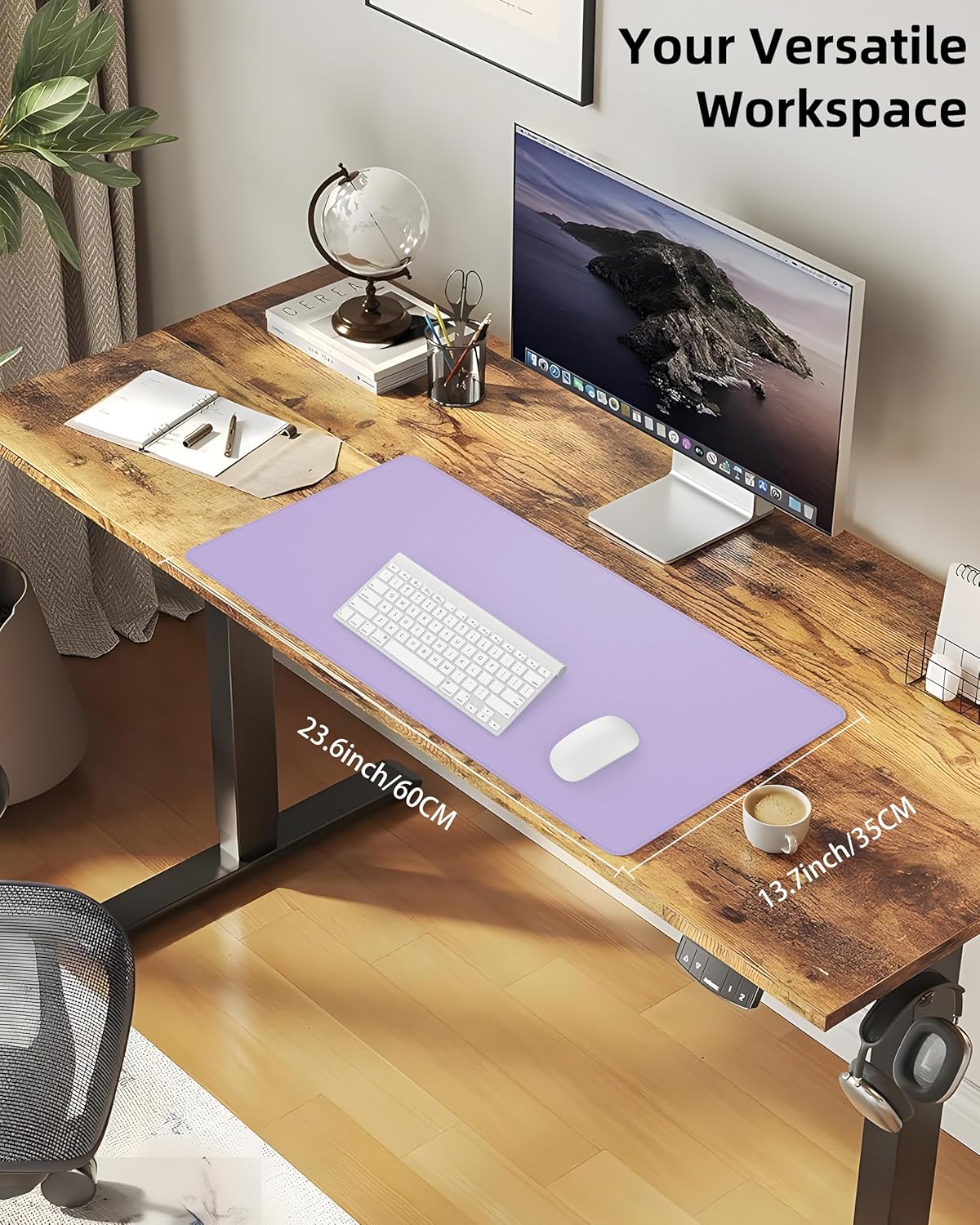 Desk Pad Mat 23.6"x13.7" - Waterproof Mouse Pad & Desk Protector, Non-Slip PU Leather for Gaming Keyboard/Mouse, Stitched Edge XL Office Desk Pad with Ergonomic Support(Light Purple)