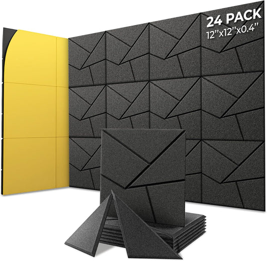 24-Pack Self-Adhesive Acoustic Panels – High-Density 12"x12"x0.4" Soundproof Foam for Studios, Offices & Home – Sleek Black Design