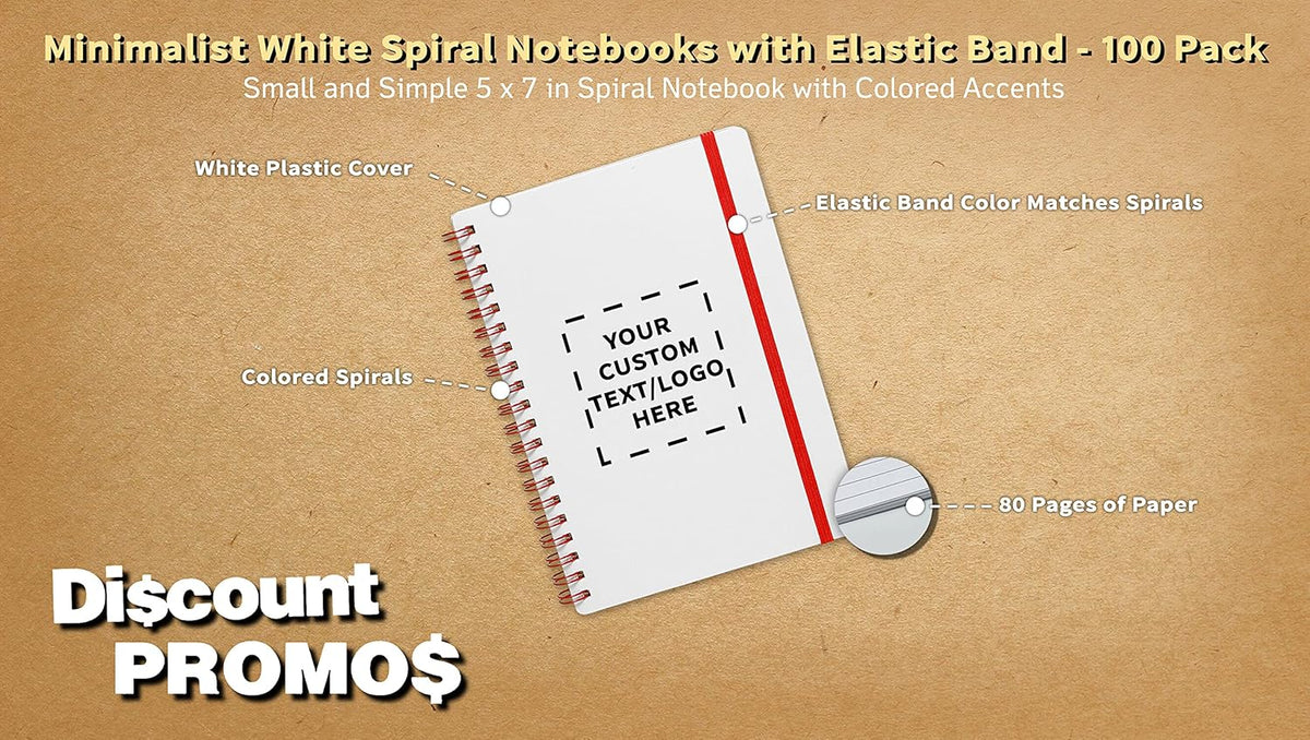 100 White Spiral Notebooks with Elastic Band Pack - Customizable Text, Logo - 80 lined pages, Recycled - Red