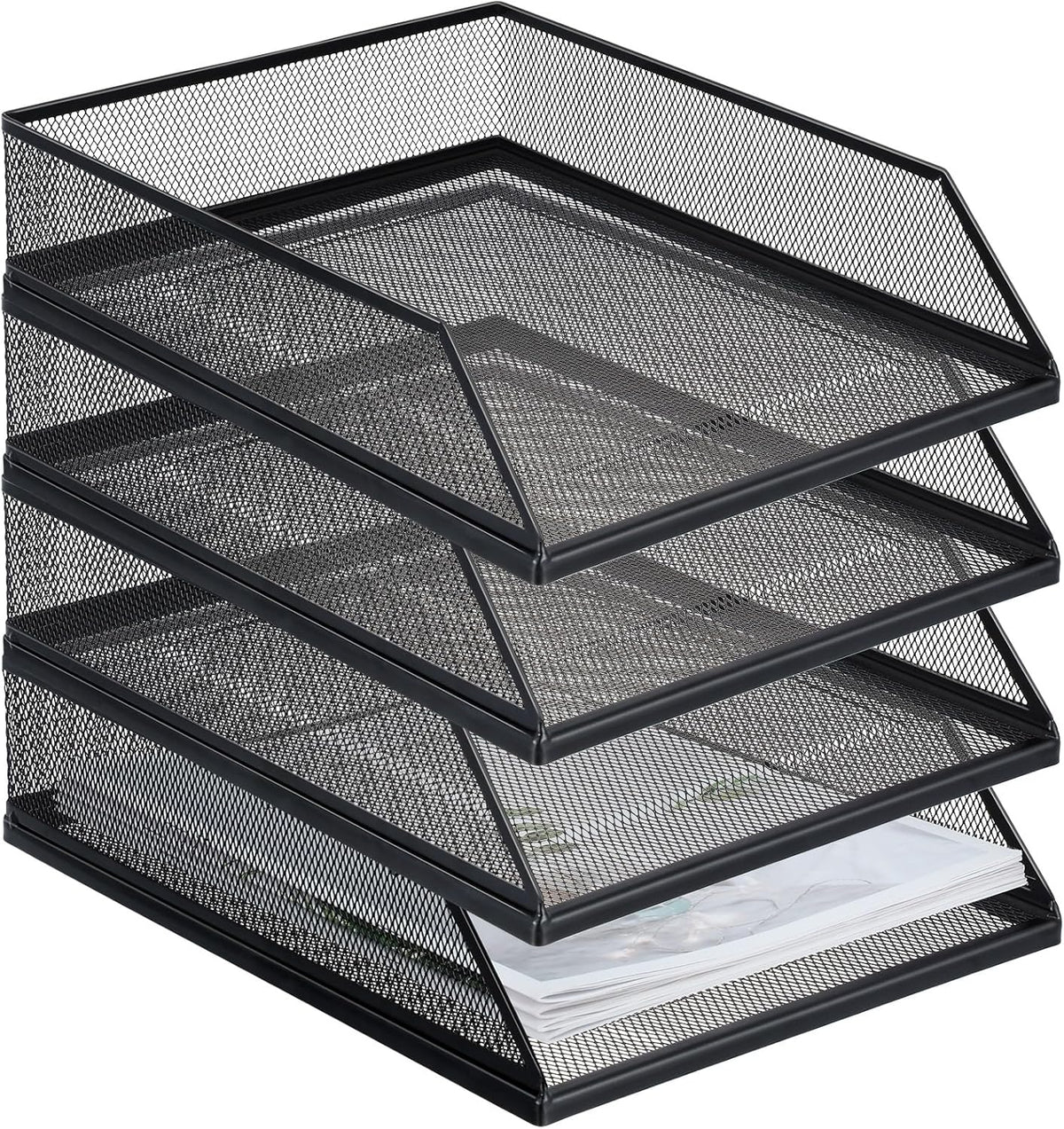 Hicarer 4 Pcs Black Metal Letter Tray Stackable Desk Tray Single Wire Mesh Organizer Front Load File Paper Holder for Desktop Office Home School Classroom (12.8 x 9.84 Inch)