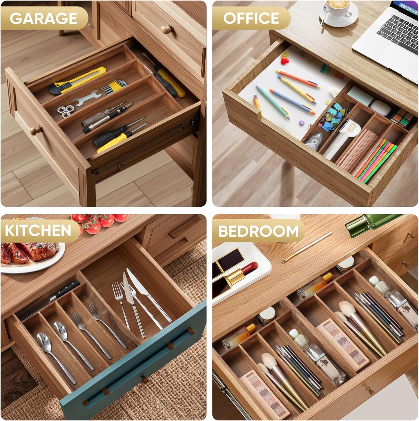 Silverware Organizer, 2 Pack 10 Inch Utensil Organizer Kitchen Drawer Organizer Acacia Silverware Holder Cutlery Tray Organizer in Drawer Flatware Organizer Tray(5 slots, Acacia）