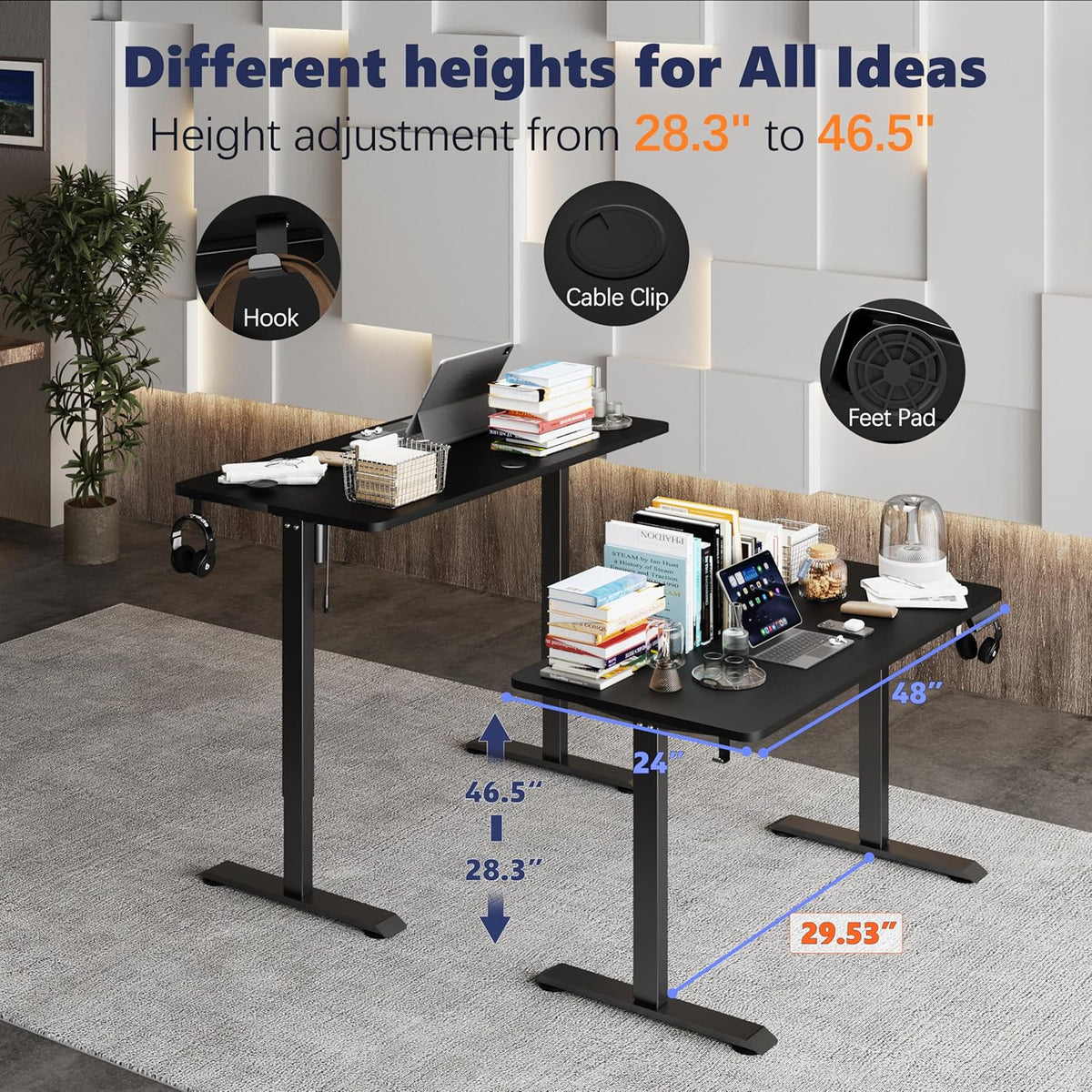 Monomi Electric Height Adjustable Standing Desk, 48x24 Inches, Ergonomic Home Office Sit/Stand Up Desk (Black Steel Frame/Black Top)