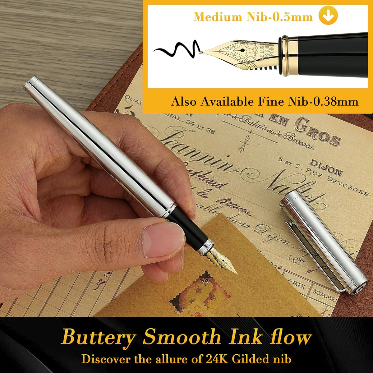 BEILUNER Silver Fountain Pen,Stunning Luxury Pens with Bright Silver Chrome, Gorgeous 24K Gilded Nib(Medium), Fancy Pen Gift for Men&Women -Ink Converter-Elegant, Office,Nice Pen for Writing