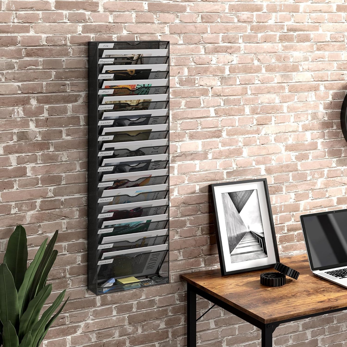 16 Tier Hanging Wall File Holder, Metal A4 Wall Mounted Document Holder, Vertical Hanging Mail Organizer, Magazine Storage Rack with Tray for Office Home Classroom, Black