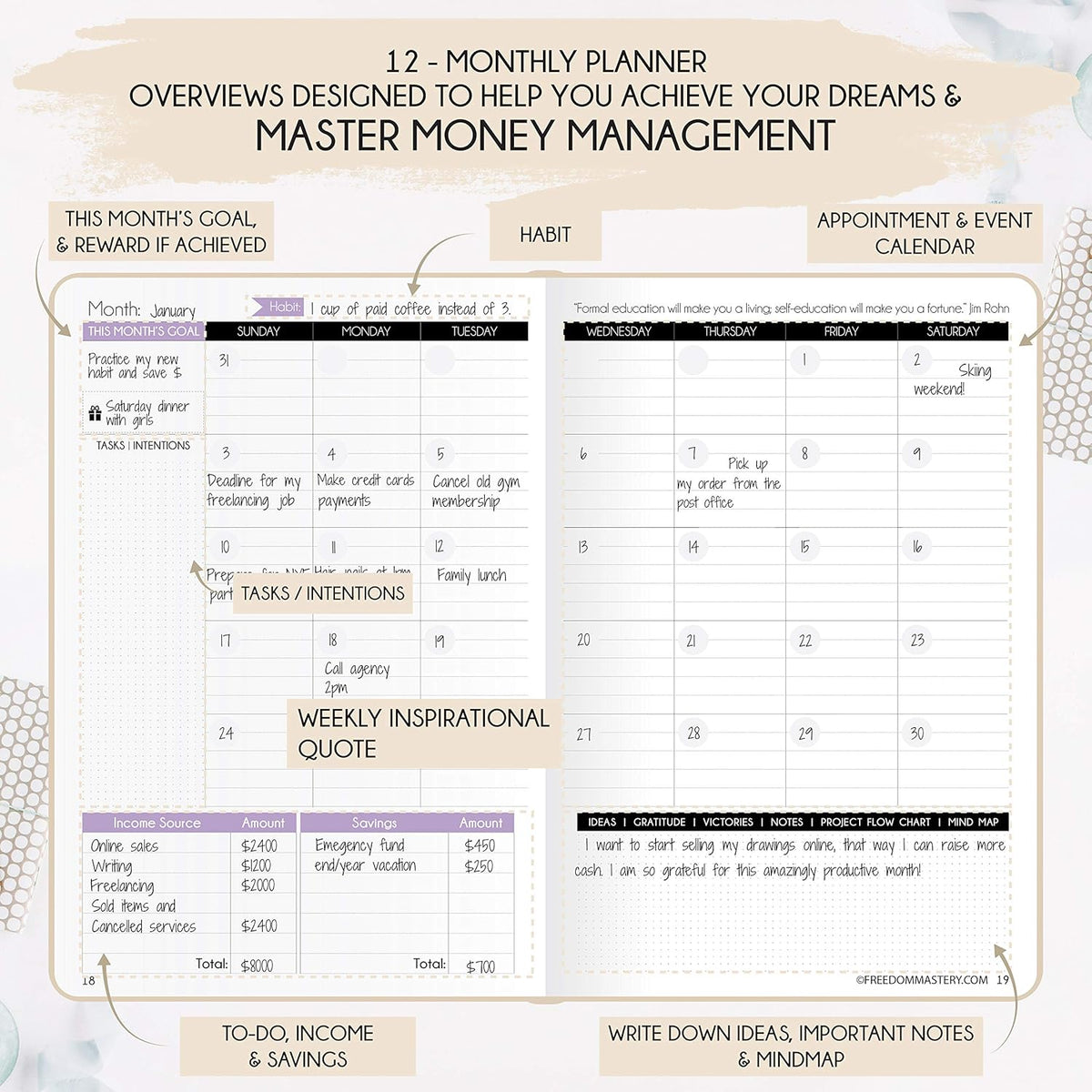 Financial Planner - Monthly Budget Planner & Monthly Bill Organizer | A 12-Month Journey to Financial Freedom | Bill Payment Tracker Organizer, Debt, Expense Tracker & Money Saving with Pockets
