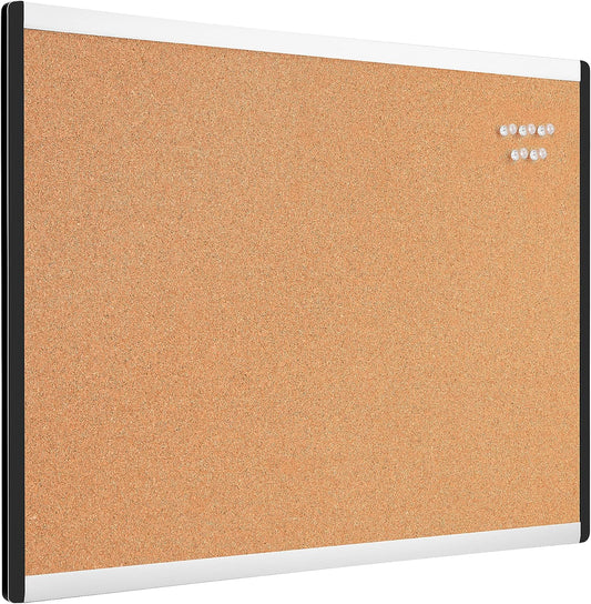 Amazon Basics Cork BulletinBoard, 23" x 17", Pin Board for Office & Home with Aluminum/Plastic Frame, 1 Pack