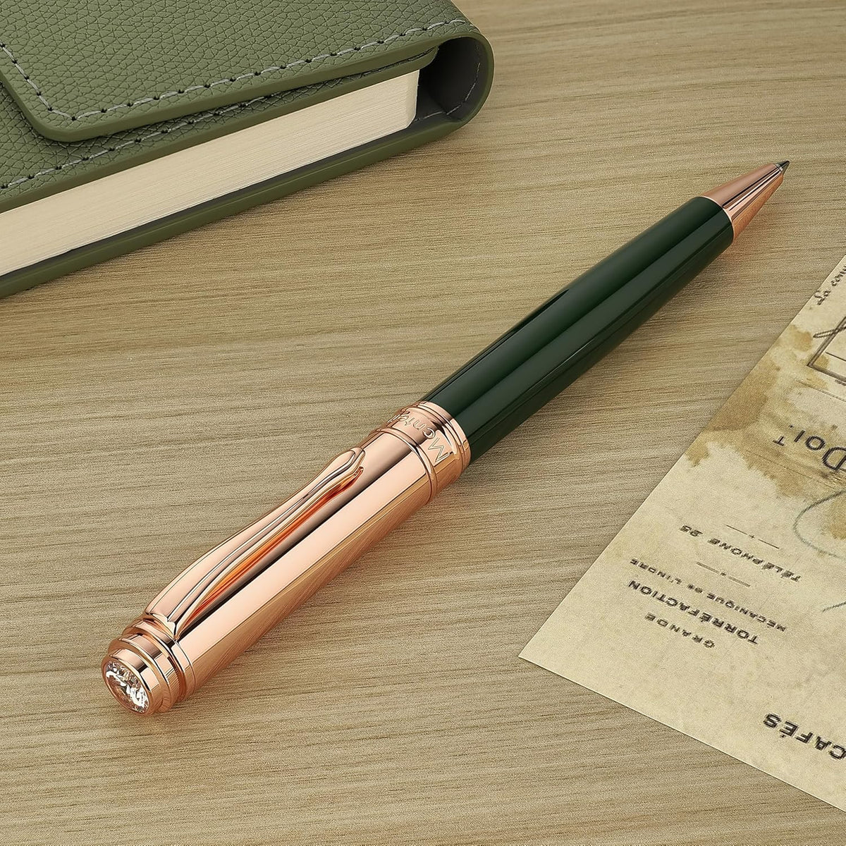 Luxury Gel Pen, Top Set With 8mm Brilliant Diamond,Dark Green Pen Body,Attractive Rose Real Gold Finish, Black Refill,Elegant Gift Pen For Women, Executive, Fancy, Graduation, Nice Pens
