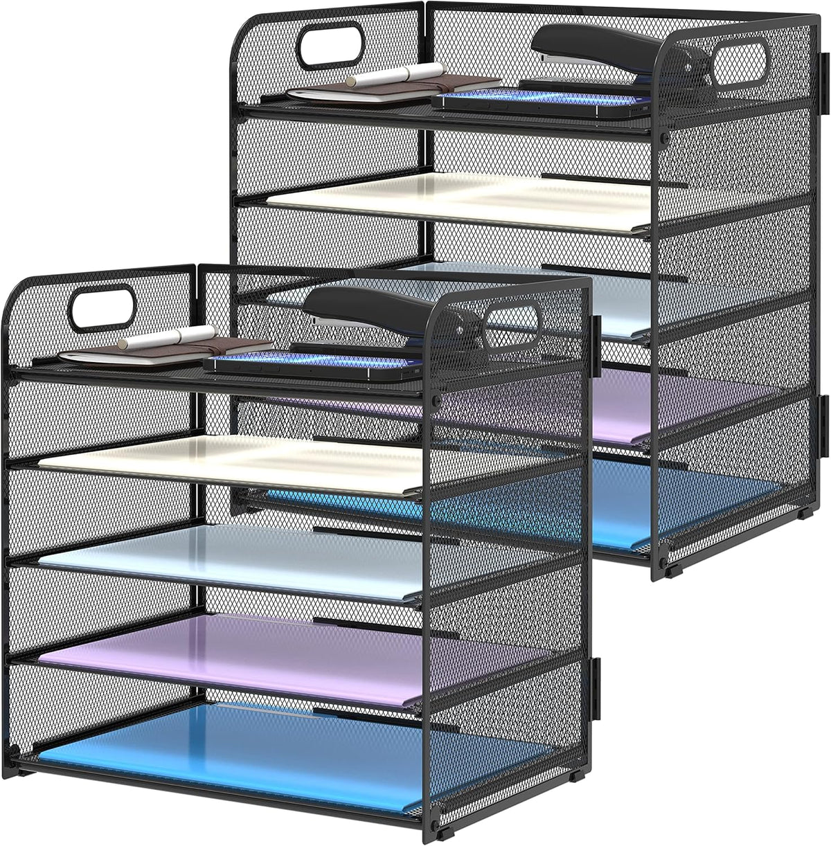 2 Pack 5-Tier Desk Organizer with Handle Mesh Desk File/Paper Organizer Letter Tray for Office, School and Home Easy Installation, Black